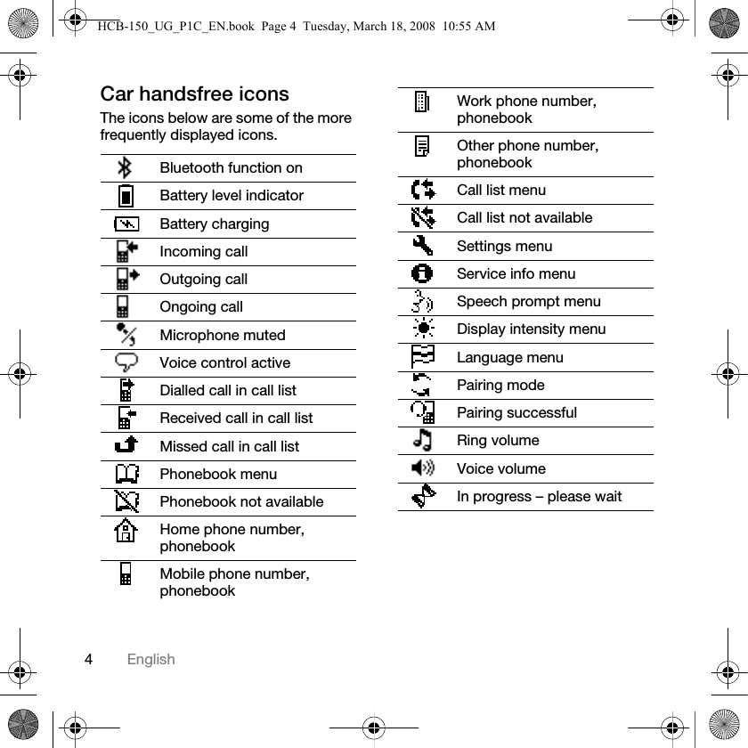 4EnglishCar handsfree iconsThe icons below are some of the more frequently displayed icons.Bluetooth function onBattery level indicatorBattery chargingIncoming callOutgoing callOngoing callMicrophone mutedVoice control activeDialled call in call listReceived call in call listMissed call in call listPhonebook menuPhonebook not availableHome phone number, phonebookMobile phone number, phonebookWork phone number, phonebookOther phone number, phonebookCall list menuCall list not availableSettings menuService info menuSpeech prompt menuDisplay intensity menuLanguage menuPairing modePairing successfulRing volumeVoice volumeIn progress &ndash; please waitHCB-150_UG_P1C_EN.book  Page 4  Tuesday, March 18, 2008  10:55 AM