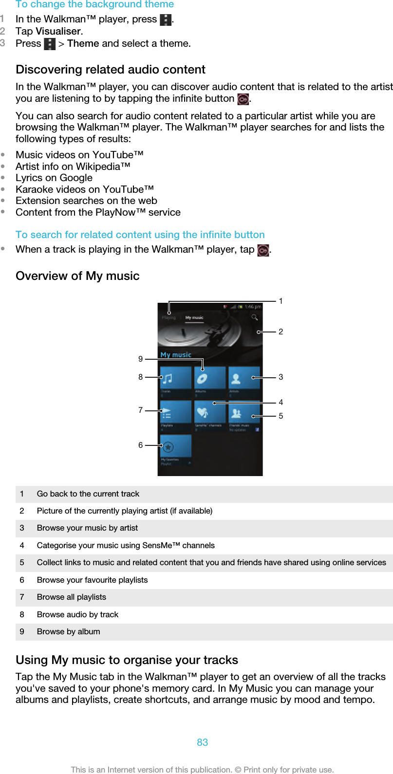 To change the background theme1In the Walkman™ player, press  .2Tap Visualiser.3Press   &gt; Theme and select a theme.Discovering related audio contentIn the Walkman™ player, you can discover audio content that is related to the artistyou are listening to by tapping the infinite button  .You can also search for audio content related to a particular artist while you arebrowsing the Walkman™ player. The Walkman™ player searches for and lists thefollowing types of results:•Music videos on YouTube™•Artist info on Wikipedia™•Lyrics on Google•Karaoke videos on YouTube™•Extension searches on the web•Content from the PlayNow™ serviceTo search for related content using the infinite button•When a track is playing in the Walkman™ player, tap  .Overview of My music3126478591Go back to the current track2 Picture of the currently playing artist (if available)3 Browse your music by artist4 Categorise your music using SensMe™ channels5 Collect links to music and related content that you and friends have shared using online services6 Browse your favourite playlists7 Browse all playlists8 Browse audio by track9 Browse by albumUsing My music to organise your tracksTap the My Music tab in the Walkman™ player to get an overview of all the tracksyou&apos;ve saved to your phone&apos;s memory card. In My Music you can manage youralbums and playlists, create shortcuts, and arrange music by mood and tempo.83This is an Internet version of this publication. © Print only for private use.