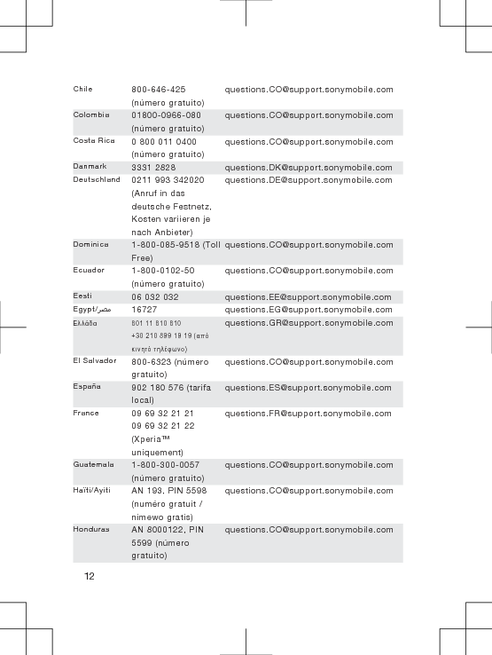 Chile 800-646-425(número gratuito)questions.CO@support.sonymobile.comColombia 01800-0966-080(número gratuito)questions.CO@support.sonymobile.comCosta Rica 0 800 011 0400(número gratuito)questions.CO@support.sonymobile.comDanmark 3331 2828 questions.DK@support.sonymobile.comDeutschland 0211 993 342020(Anruf in dasdeutsche Festnetz,Kosten variieren jenach Anbieter)questions.DE@support.sonymobile.comDominica 1-800-085-9518 (TollFree)questions.CO@support.sonymobile.comEcuador 1-800-0102-50(número gratuito)questions.CO@support.sonymobile.comEesti 06 032 032 questions.EE@support.sonymobile.comEgypt/󰂏󰂝󰃄 16727 questions.EG@support.sonymobile.comΕλλάδα 801 11 810 810+30 210 899 19 19 (απόκινητό τηλέφωνο)questions.GR@support.sonymobile.comEl Salvador 800-6323 (númerogratuito)questions.CO@support.sonymobile.comEspaña 902 180 576 (tarifalocal)questions.ES@support.sonymobile.comFrance 09 69 32 21 2109 69 32 21 22(Xperia™uniquement)questions.FR@support.sonymobile.comGuatemala 1-800-300-0057(número gratuito)questions.CO@support.sonymobile.comHaïti/Ayiti AN 193, PIN 5598(numéro gratuit /nimewo gratis)questions.CO@support.sonymobile.comHonduras AN 8000122, PIN5599 (númerogratuito)questions.CO@support.sonymobile.com12