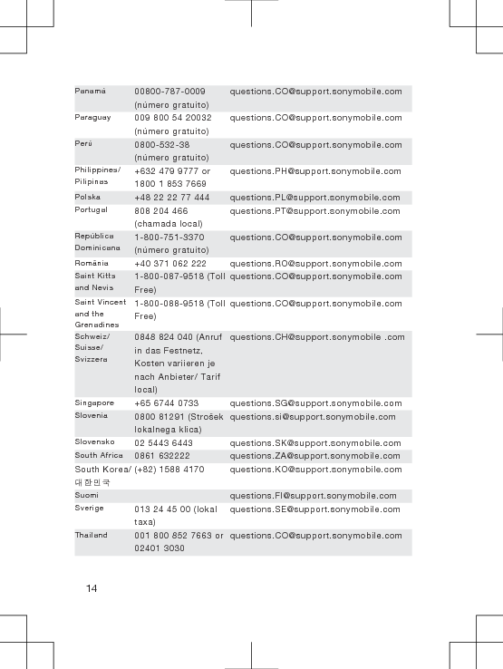 Panamá 00800-787-0009(número gratuito)questions.CO@support.sonymobile.comParaguay 009 800 54 20032(número gratuito)questions.CO@support.sonymobile.comPerú 0800-532-38(número gratuito)questions.CO@support.sonymobile.comPhilippines/Pilipinas+632 479 9777 or1800 1 853 7669questions.PH@support.sonymobile.comPolska +48 22 22 77 444 questions.PL@support.sonymobile.comPortugal 808 204 466(chamada local)questions.PT@support.sonymobile.comRepúblicaDominicana1-800-751-3370(número gratuito)questions.CO@support.sonymobile.comRomânia +40 371 062 222 questions.RO@support.sonymobile.comSaint Kittsand Nevis1-800-087-9518 (TollFree)questions.CO@support.sonymobile.comSaint Vincentand theGrenadines1-800-088-9518 (TollFree)questions.CO@support.sonymobile.comSchweiz/Suisse/Svizzera0848 824 040 (Anrufin das Festnetz,Kosten variieren jenach Anbieter/ Tariflocal)questions.CH@support.sonymobile .comSingapore +65 6744 0733 questions.SG@support.sonymobile.comSlovenia 0800 81291 (Strošeklokalnega klica)questions.si@support.sonymobile.comSlovensko 02 5443 6443 questions.SK@support.sonymobile.comSouth Africa 0861 632222 questions.ZA@support.sonymobile.comSouth Κorea/대한민 국(+82) 1588 4170 questions.KO@support.sonymobile.comSuomi questions.FI@support.sonymobile.comSverige 013 24 45 00 (lokaltaxa)questions.SE@support.sonymobile.comThailand 001 800 852 7663 or02401 3030questions.CO@support.sonymobile.com14