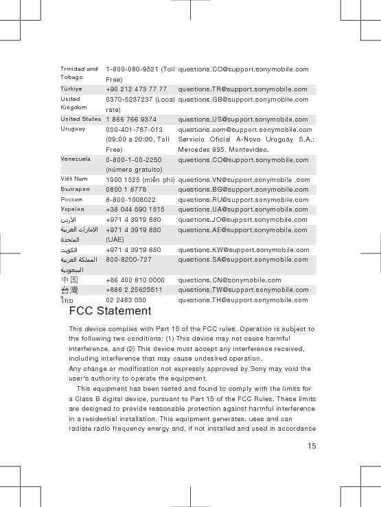 Trinidad andTobago1-800-080-9521 (TollFree)questions.CO@support.sonymobile.comTürkiye +90 212 473 77 77 questions.TR@support.sonymobile.comUnitedKingdom0370-5237237 (Localrate)questions.GB@support.sonymobile.comUnited States 1 866 766 9374 questions.US@support.sonymobile.comUruguay 000-401-787-013(09:00 a 20:00, TollFree)questions.com@support.sonymobile.comServicio Oficial A-Novo Uruguay S.A.:Mercedes 935, Montevideo.Venezuela 0-800-1-00-2250(número gratuito)questions.CO@support.sonymobile.comViệt Nam 1900 1525 (miễn phí) questions.VN@support.sonymobile .comБългария 0800 1 8778 questions.BG@support.sonymobile.comРоссия 8-800-1008022 questions.RU@support.sonymobile.comУкраїна +38 044 590 1515 questions.UA@support.sonymobile.com󰃘 +971 4 3919 880 questions.JO@support.sonymobile.com󰁯󰃄󰃚 󰁵󰃕󰁲󰂏󰂭󰃀󰂋󰂅󰁹󰃅󰃀+971 4 3919 880(UAE)questions.AE@support.sonymobile.com󰁷󰃔󰃏󰂽󰃀 +971 4 3919 880 questions.KW@support.sonymobile.com󰁵󰂽󰃁󰃅󰃅󰃀 󰁵󰃕󰁲󰂏󰂭󰃀󰁵󰃔󰃏󰂭󰂕󰃀800-8200-727 questions.SA@support.sonymobile.com中国 +86 400 810 0000 questions.CN@sonymobile.com台灣 +886 2 25625511 questions.TW@support.sonymobile.comไทย 02 2483 030 questions.TH@support.sonymobile.comFCC StatementThis device complies with Part 15 of the FCC rules. Operation is subject tothe following two conditions: (1) This device may not cause harmfulinterference, and (2) This device must accept any interference received,including interference that may cause undesired operation.Any change or modification not expressly approved by Sony may void theuser&apos;s authority to operate the equipment.This equipment has been tested and found to comply with the limits fora Class B digital device, pursuant to Part 15 of the FCC Rules. These limitsare designed to provide reasonable protection against harmful interferencein a residential installation. This equipment generates, uses and canradiate radio frequency energy and, if not installed and used in accordance15