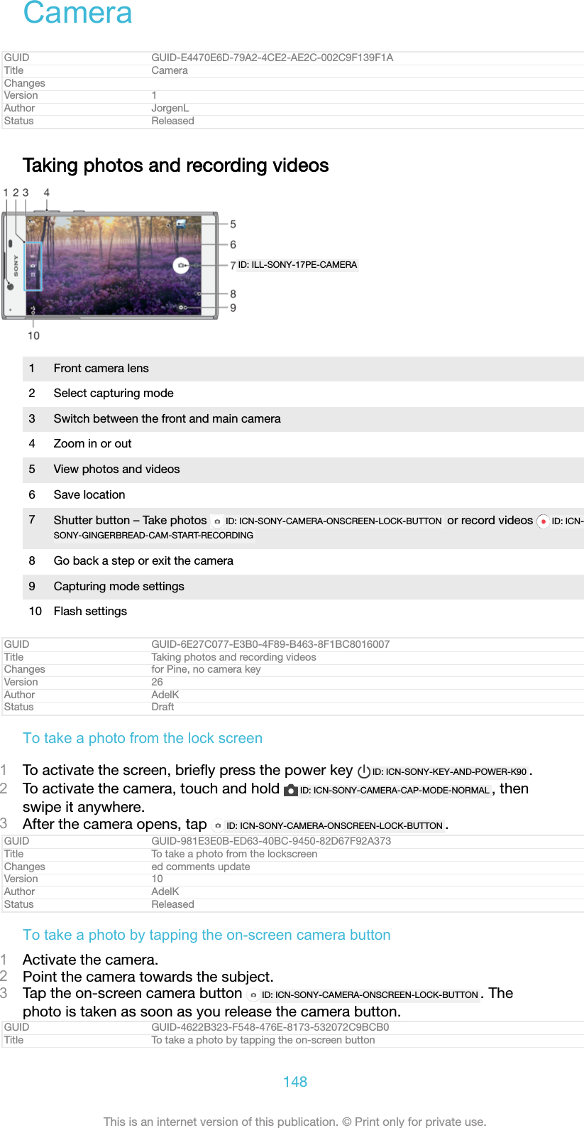 CameraGUID GUID-E4470E6D-79A2-4CE2-AE2C-002C9F139F1ATitle CameraChangesVersion 1Author JorgenLStatus ReleasedTaking photos and recording videosID: ILL-SONY-17PE-CAMERA1 Front camera lens2 Select capturing mode3 Switch between the front and main camera4 Zoom in or out5 View photos and videos6 Save location7Shutter button – Take photos  ID: ICN-SONY-CAMERA-ONSCREEN-LOCK-BUTTON  or record videos  ID: ICN-SONY-GINGERBREAD-CAM-START-RECORDING8 Go back a step or exit the camera9 Capturing mode settings10 Flash settingsGUID GUID-6E27C077-E3B0-4F89-B463-8F1BC8016007Title Taking photos and recording videosChanges for Pine, no camera keyVersion 26Author AdelKStatus DraftTo take a photo from the lock screen1To activate the screen, brieﬂy press the power key  ID: ICN-SONY-KEY-AND-POWER-K90 .2To activate the camera, touch and hold  ID: ICN-SONY-CAMERA-CAP-MODE-NORMAL , thenswipe it anywhere.3After the camera opens, tap  ID: ICN-SONY-CAMERA-ONSCREEN-LOCK-BUTTON .GUID GUID-981E3E0B-ED63-40BC-9450-82D67F92A373Title To take a photo from the lockscreenChanges ed comments updateVersion 10Author AdelKStatus ReleasedTo take a photo by tapping the on-screen camera button1Activate the camera.2Point the camera towards the subject.3Tap the on-screen camera button  ID: ICN-SONY-CAMERA-ONSCREEN-LOCK-BUTTON . Thephoto is taken as soon as you release the camera button.GUID GUID-4622B323-F548-476E-8173-532072C9BCB0Title To take a photo by tapping the on-screen button148This is an internet version of this publication. © Print only for private use.