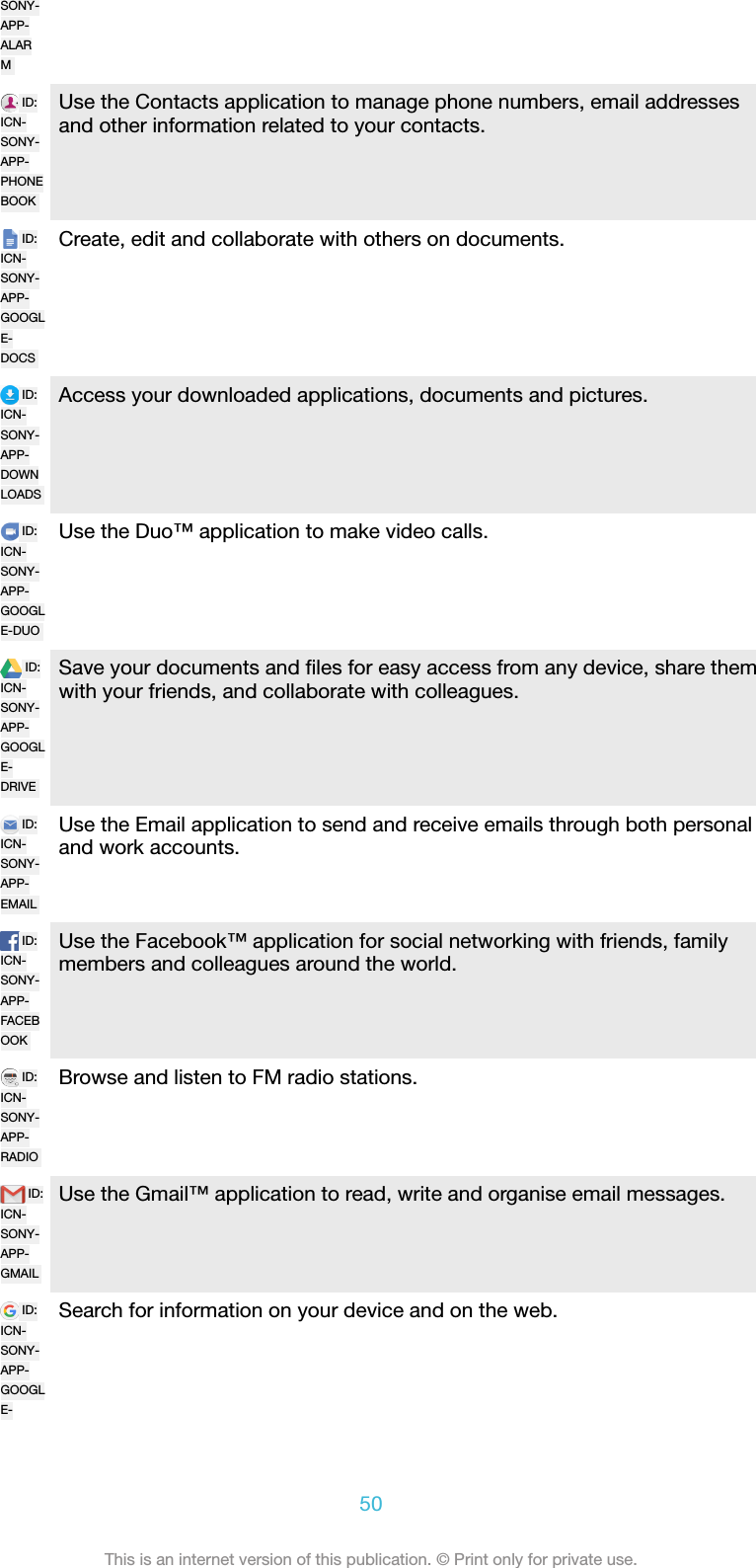 SONY-APP-ALARMID:ICN-SONY-APP-PHONEBOOKUse the Contacts application to manage phone numbers, email addressesand other information related to your contacts.ID:ICN-SONY-APP-GOOGLE-DOCSCreate, edit and collaborate with others on documents.ID:ICN-SONY-APP-DOWNLOADSAccess your downloaded applications, documents and pictures.ID:ICN-SONY-APP-GOOGLE-DUOUse the Duo™ application to make video calls.ID:ICN-SONY-APP-GOOGLE-DRIVESave your documents and ﬁles for easy access from any device, share themwith your friends, and collaborate with colleagues.ID:ICN-SONY-APP-EMAILUse the Email application to send and receive emails through both personaland work accounts.ID:ICN-SONY-APP-FACEBOOKUse the Facebook™ application for social networking with friends, familymembers and colleagues around the world.ID:ICN-SONY-APP-RADIOBrowse and listen to FM radio stations.ID:ICN-SONY-APP-GMAILUse the Gmail™ application to read, write and organise email messages.ID:ICN-SONY-APP-GOOGLE-Search for information on your device and on the web.50This is an internet version of this publication. © Print only for private use.