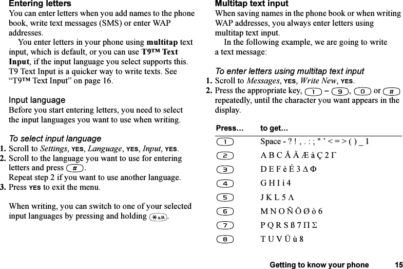 This is the Internet version of the user&apos;s guide. © Print only for private use.Getting to know your phone 15Entering lettersYou can enter letters when you add names to the phone book, write text messages (SMS) or enter WAP addresses. You enter letters in your phone using multitap text input, which is default, or you can use T9™ Text Input, if the input language you select supports this. T9 Text Input is a quicker way to write texts. See “T9™ Text Input” on page 16.Input languageBefore you start entering letters, you need to select the input languages you want to use when writing.To select input language1. Scroll to Settings, YES, Language, YES, Input, YES.2. Scroll to the language you want to use for entering letters and press  .Repeat step 2 if you want to use another language.3. Press YES to exit the menu.When writing, you can switch to one of your selected input languages by pressing and holding  .Multitap text inputWhen saving names in the phone book or when writing WAP addresses, you always enter letters using multitap text input.In the following example, we are going to write a text message:To enter letters using multitap text input1. Scroll to Messages, YES, Write New, YES.2. Press the appropriate key,   – ,  or   repeatedly, until the character you want appears in the display.Press… to get…Space - ? ! ‚ . : ; &quot; ’ &lt; = &gt; ( ) _ 1A B C Å Ä Æ à Ç 2 ΓD E F è É 3 ∆ ΦG H I ì 4J K L 5 ΛM N O Ñ Ö Ø ò 6P Q R S ß 7 Π ΣT U V Ü ù 8