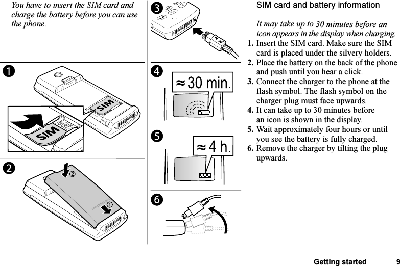 This is the Internet version of the user&apos;s guide. © Print only for private use.Getting started 9SIM card and battery informationIt may take up to 30 minutes before an icon appears in the display when charging.1. Insert the SIM card. Make sure the SIM card is placed under the silvery holders.2. Place the battery on the back of the phone and push until you hear a click.3. Connect the charger to the phone at the flash symbol. The flash symbol on the charger plug must face upwards.4. It can take up to 30 minutes before an icon is shown in the display.5. Wait approximately four hours or until you see the battery is fully charged.6. Remove the charger by tilting the plug upwards.You have to insert the SIM card and charge the battery before you can use the phone.