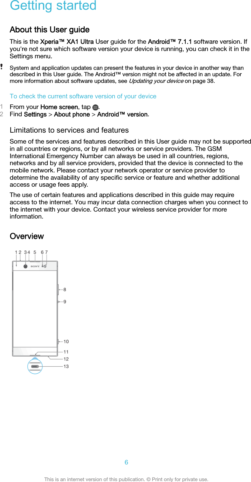 Getting startedAbout this User guideThis is the Xperia™ XA1 Ultra User guide for the Android™ 7.1.1 software version. Ifyou&apos;re not sure which software version your device is running, you can check it in theSettings menu.System and application updates can present the features in your device in another way thandescribed in this User guide. The Android™ version might not be affected in an update. Formore information about software updates, see Updating your device on page 38.To check the current software version of your device1From your Home screen, tap  .2Find Settings &gt; About phone &gt; Android™ version.Limitations to services and featuresSome of the services and features described in this User guide may not be supportedin all countries or regions, or by all networks or service providers. The GSMInternational Emergency Number can always be used in all countries, regions,networks and by all service providers, provided that the device is connected to themobile network. Please contact your network operator or service provider todetermine the availability of any speciﬁc service or feature and whether additionalaccess or usage fees apply.The use of certain features and applications described in this guide may requireaccess to the internet. You may incur data connection charges when you connect tothe internet with your device. Contact your wireless service provider for moreinformation.Overview   6This is an internet version of this publication. © Print only for private use.