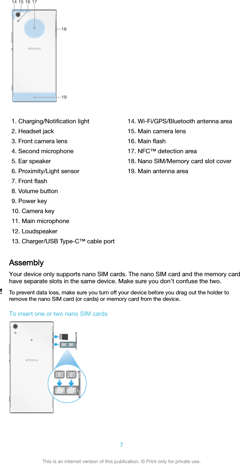    1. Charging/Notiﬁcation light2. Headset jack3. Front camera lens4. Second microphone5. Ear speaker6. Proximity/Light sensor7. Front ﬂash8. Volume button9. Power key10. Camera key11. Main microphone12. Loudspeaker13. Charger/USB Type-C™ cable port14. Wi-Fi/GPS/Bluetooth antenna area15. Main camera lens16. Main ﬂash17. NFC™ detection area18. Nano SIM/Memory card slot cover19. Main antenna areaAssemblyYour device only supports nano SIM cards. The nano SIM card and the memory cardhave separate slots in the same device. Make sure you don’t confuse the two.To prevent data loss, make sure you turn off your device before you drag out the holder toremove the nano SIM card (or cards) or memory card from the device.To insert one or two nano SIM cards7This is an internet version of this publication. © Print only for private use.