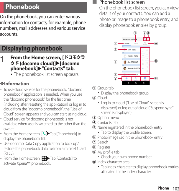 102PhoneOn the phonebook, you can enter various information for contacts, for example, phone numbers, mail addresses and various service accounts.1From the Home screen, [ドコモクラウド (docomo cloud)]u[docomo phonebook]u&quot;Contacts&quot; tab.･The phonebook list screen appears.❖Information･To use cloud service for the phonebook, &quot;docomo phonebook&quot; application is needed. When you use the &quot;docomo phonebook&quot; for the first time (including after resetting the application) or log in to cloud from the &quot;docomo phonebook&quot;, the &quot;Use of Cloud&quot; screen appears and you can start using cloud.･Cloud service for docomo phonebook is not available when user is switched to the other than the owner.･From the Home screen, uTap [Phonebook] to display the phonebook list.･Use docomo Data Copy application to back up/restore the phonebook data to/from a microSD card (P.155).･From the Home screen, uTap [Contacts] to activate Xperia™ phonebook.■ Phonebook list screenOn the phonebook list screen, you can view details of your contacts. You can add a photo or image to a phonebook entry, and display phonebook entries by group.aGroup tab･Display the phonebook group.bCloud･Log in to cloud (&quot;Use of Cloud&quot; screen is displayed) or log out of cloud (&quot;Suspend sync&quot; screen is displayed).cOption menudContacts tabeName registered in the phonebook entry･Tap to display the profile screen.fPhoto/image set in the phonebook entrygSearchhRegisteriMy profile tab･Check your own phone number.jIndex character area･Tap index character to display phonebook entries allocated to the index character.PhonebookDisplaying phonebookkdbfgeahicj