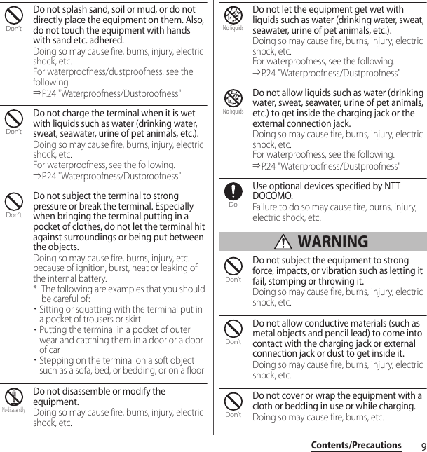 9Contents/PrecautionsDo not splash sand, soil or mud, or do not directly place the equipment on them. Also, do not touch the equipment with hands with sand etc. adhered.Doing so may cause fire, burns, injury, electric shock, etc.For waterproofness/dustproofness, see the following.⇒P.24 &quot;Waterproofness/Dustproofness&quot;Do not charge the terminal when it is wet with liquids such as water (drinking water, sweat, seawater, urine of pet animals, etc.).Doing so may cause fire, burns, injury, electric shock, etc.For waterproofness, see the following.⇒P.24 &quot;Waterproofness/Dustproofness&quot;Do not subject the terminal to strong pressure or break the terminal. Especially when bringing the terminal putting in a pocket of clothes, do not let the terminal hit against surroundings or being put between the objects.Doing so may cause fire, burns, injury, etc. because of ignition, burst, heat or leaking of the internal battery.* The following are examples that you should be careful of:・Sitting or squatting with the terminal put in a pocket of trousers or skirt・Putting the terminal in a pocket of outer wear and catching them in a door or a door of car・Stepping on the terminal on a soft object such as a sofa, bed, or bedding, or on a floorDo not disassemble or modify the equipment.Doing so may cause fire, burns, injury, electric shock, etc.Do not let the equipment get wet with liquids such as water (drinking water, sweat, seawater, urine of pet animals, etc.).Doing so may cause fire, burns, injury, electric shock, etc.For waterproofness, see the following.⇒P.24 &quot;Waterproofness/Dustproofness&quot;Do not allow liquids such as water (drinking water, sweat, seawater, urine of pet animals, etc.) to get inside the charging jack or the external connection jack.Doing so may cause fire, burns, injury, electric shock, etc.For waterproofness, see the following.⇒P.24 &quot;Waterproofness/Dustproofness&quot;Use optional devices specified by NTT DOCOMO.Failure to do so may cause fire, burns, injury, electric shock, etc. WARNINGDo not subject the equipment to strong force, impacts, or vibration such as letting it fail, stomping or throwing it.Doing so may cause fire, burns, injury, electric shock, etc.Do not allow conductive materials (such as metal objects and pencil lead) to come into contact with the charging jack or external connection jack or dust to get inside it.Doing so may cause fire, burns, injury, electric shock, etc.Do not cover or wrap the equipment with a cloth or bedding in use or while charging.Doing so may cause fire, burns, etc.Don’tDon’tDon’tNo disassemblyNo liquidsNo liquidsDoDon’tDon’tDon’t