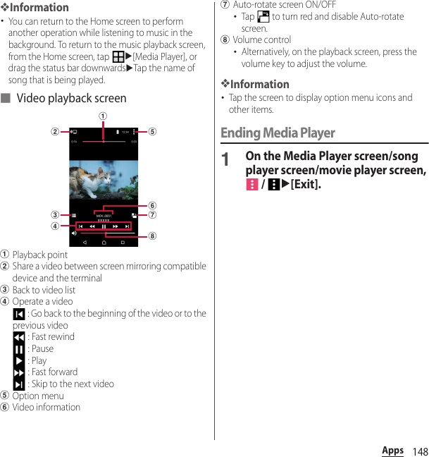 148Apps❖Information･You can return to the Home screen to perform another operation while listening to music in the background. To return to the music playback screen, from the Home screen, tap u[Media Player], or drag the status bar downwardsuTap the name of song that is being played.■ Video playback screenaPlayback pointbShare a video between screen mirroring compatible device and the terminalcBack to video listdOperate a video : Go back to the beginning of the video or to the previous video : Fast rewind : Pause : Play : Fast forward : Skip to the next videoeOption menufVideo informationgAuto-rotate screen ON/OFF･Tap   to turn red and disable Auto-rotate screen.hVolume control･Alternatively, on the playback screen, press the volume key to adjust the volume.❖Information･Tap the screen to display option menu icons and other items.Ending Media Player1On the Media Player screen/song player screen/movie player screen,  / u[Exit].adbgcefh