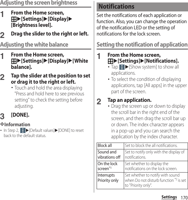 170SettingsAdjusting the screen brightness1From the Home screen, u[Settings]u[Display]u[Brightness level].2Drag the slider to the right or left.Adjusting the white balance1From the Home screen, u[Settings]u[Display]u[White balance].2Tap the slider at the position to set or drag it to the right or left.･Touch and hold the area displaying &quot;Press and hold here to see previous setting&quot; to check the setting before adjusting.3[DONE].❖Information･In Step 2, u[Default values]u[DONE] to reset back to the default status.Set the notifications of each application or function. Also, you can change the operation of the notification LED or the setting of notifications for the lock screen.Setting the notification of application1From the Home screen, u[Settings]u[Notifications].･Tap u[Show system] to show all applications.･To select the condition of displaying applications, tap [All apps] in the upper part of the screen.2Tap an application.･Drag the screen up or down to display the scroll bar in the right end of the screen, and then drag the scroll bar up or down. The index character appears in a pop-up and you can search the application by the index character.NotificationsBlock allSet to block the all notifications.Sound and vibrations offSet to notify only with the display of notifications.On the lock screen*1Set whether to display the notifications on the lock screen.Interrupts Priority onlySet whether to notify with sound when Do not disturb function *2 is set to &quot;Priority only&quot;.