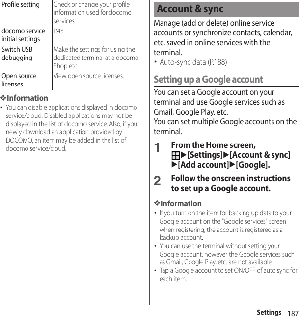 187Settings❖Information･You can disable applications displayed in docomo service/cloud. Disabled applications may not be displayed in the list of docomo service. Also, if you newly download an application provided by DOCOMO, an item may be added in the list of docomo service/cloud.Manage (add or delete) online service accounts or synchronize contacts, calendar, etc. saved in online services with the terminal.･Auto-sync data (P.188)Setting up a Google accountYou can set a Google account on your terminal and use Google services such as Gmail, Google Play, etc.You can set multiple Google accounts on the terminal.1From the Home screen, u[Settings]u[Account &amp; sync]u[Add account]u[Google].2Follow the onscreen instructions to set up a Google account.❖Information･If you turn on the item for backing up data to your Google account on the &quot;Google services&quot; screen when registering, the account is registered as a backup account.･You can use the terminal without setting your Google account, however the Google services such as Gmail, Google Play, etc. are not available.･Tap a Google account to set ON/OFF of auto sync for each item.Profile settingCheck or change your profile information used for docomo services.docomo service initial settingsP. 4 3Switch USB debuggingMake the settings for using the dedicated terminal at a docomo Shop etc.Open source licensesView open source licenses.Account &amp; sync