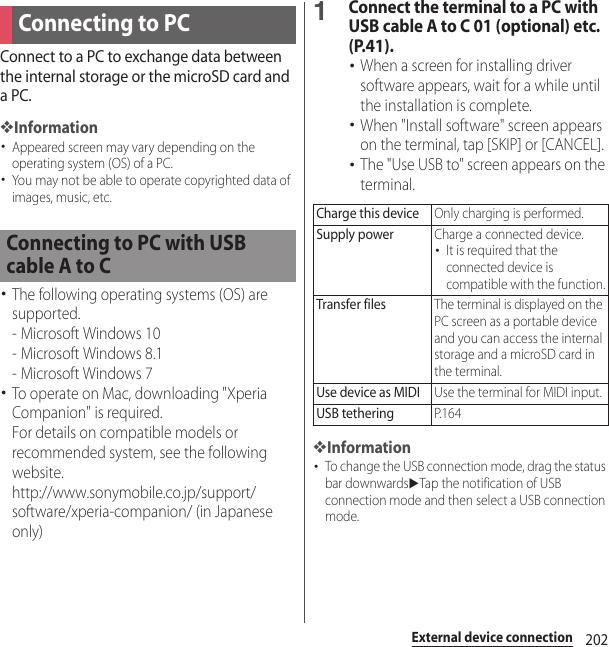 202External device connectionExternal device connectionConnect to a PC to exchange data between the internal storage or the microSD card and a PC.❖Information･Appeared screen may vary depending on the operating system (OS) of a PC.･You may not be able to operate copyrighted data of images, music, etc.･The following operating systems (OS) are supported.- Microsoft Windows 10- Microsoft Windows 8.1- Microsoft Windows 7･To operate on Mac, downloading &quot;Xperia Companion&quot; is required.For details on compatible models or recommended system, see the following website.http://www.sonymobile.co.jp/support/software/xperia-companion/ (in Japanese only)1Connect the terminal to a PC with USB cable A to C 01 (optional) etc. (P.41).･When a screen for installing driver software appears, wait for a while until the installation is complete.･When &quot;Install software&quot; screen appears on the terminal, tap [SKIP] or [CANCEL].･The &quot;Use USB to&quot; screen appears on the terminal.❖Information･To change the USB connection mode, drag the status bar downwardsuTap the notification of USB connection mode and then select a USB connection mode.Connecting to PCConnecting to PC with USB cable A to CCharge this deviceOnly charging is performed.Supply powerCharge a connected device.･It is required that the connected device is compatible with the function.Transfer filesThe terminal is displayed on the PC screen as a portable device and you can access the internal storage and a microSD card in the terminal.Use device as MIDIUse the terminal for MIDI input.USB tetheringP. 1 6 4