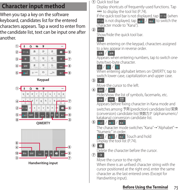 75Before Using the TerminalWhen you tap a key on the software keyboard, candidates list for the entered characters appears. Tap a word to enter from the candidate list, text can be input one after another.aQuick tool barDisplay shortcuts of frequently-used functions. Tap  to display the tool list (P.74).If the quick tool bar is not displayed, tap   (when  is not displayed, tap   /   to switch the character mode to &quot;Kana&quot;).bShow/hide the quick tool bar.When entering on the keypad, characters assigned to a key appear in reverse order. / Appears when entering numbers, tap to switch one-byte/two-byte character. /   / When entering alphabet letters on QWERTY, tap to switch lower case, capitalization and upper case.cMove the cursor to the left.d / Hide/show the list of symbols, facemarks, etc. /   / Appears before fixing character in Kana mode and switches among 予測 (prediction) candidate list/変換 (conversion) candidate list/英数カナ (alphanumeric/katakana) conversion candidate list.e /   / The character mode switches &quot;Kana&quot;→&quot;Alphabet&quot;→&quot;Numeric&quot; in order. /   /   Touch and holdDisplay the tool list (P.74).fDelete the character before the cursor.gMove the cursor to the right.When there is an unfixed character string with the cursor positioned at the right end, enter the same character as the last entered ones (Except for Handwriting input).Character input methodbcadefghiKeypadahdbecgfiQWERTYchdjgfiHandwriting input