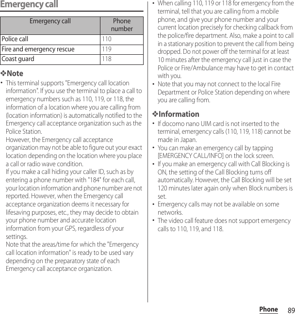 89PhoneEmergency call❖Note･This terminal supports &quot;Emergency call location information&quot;. If you use the terminal to place a call to emergency numbers such as 110, 119, or 118, the information of a location where you are calling from (location information) is automatically notified to the Emergency call acceptance organization such as the Police Station.However, the Emergency call acceptance organization may not be able to figure out your exact location depending on the location where you place a call or radio wave condition. If you make a call hiding your caller ID, such as by entering a phone number with &quot;184&quot; for each call, your location information and phone number are not reported. However, when the Emergency call acceptance organization deems it necessary for lifesaving purposes, etc., they may decide to obtain your phone number and accurate location information from your GPS, regardless of your settings. Note that the areas/time for which the &quot;Emergency call location information&quot; is ready to be used vary depending on the preparatory state of each Emergency call acceptance organization.･When calling 110, 119 or 118 for emergency from the terminal, tell that you are calling from a mobile phone, and give your phone number and your current location precisely for checking callback from the police/fire department. Also, make a point to call in a stationary position to prevent the call from being dropped. Do not power off the terminal for at least 10 minutes after the emergency call just in case the Police or Fire/Ambulance may have to get in contact with you.･Note that you may not connect to the local Fire Department or Police Station depending on where you are calling from.❖Information･If docomo nano UIM card is not inserted to the terminal, emergency calls (110, 119, 118) cannot be made in Japan.･You can make an emergency call by tapping [EMERGENCY CALL/INFO] on the lock screen.･If you make an emergency call with Call Blocking is ON, the setting of the Call Blocking turns off automatically. However, the Call Blocking will be set 120 minutes later again only when Block numbers is set.･Emergency calls may not be available on some networks.･The video call feature does not support emergency calls to 110, 119, and 118.Emergency call Phone numberPolice call110Fire and emergency rescue119Coast guard118