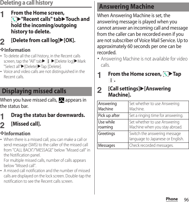 96PhoneDeleting a call history1From the Home screen, u&quot;Recent calls&quot; tabuTouch and hold the incoming/outgoing history to delete.2[Delete from call log]u[OK].❖Information･To delete all the call history, in the Recent calls screen, tap the &quot;All&quot; tabuu[Delete log]uMark &quot;Select all&quot;u[Delete]uTap [Delete].･Voice and video calls are not distinguished in the Recent calls.When you have missed calls,   appears in the status bar.1Drag the status bar downwards.2[Missed call].❖Information･When there is a missed call, you can make a call or send message (SMS) to the caller of the missed call from &quot;CALL BACK&quot;/&quot;MESSAGE&quot; below &quot;Missed call&quot; in the Notification panel.For multiple missed calls, number of calls appears below &quot;Missed call&quot;.･A missed call notification and the number of missed calls are displayed on the lock screen. Double-tap the notification to see the Recent calls screen.When Answering Machine is set, the answering message is played when you cannot answer an incoming call and message from the caller can be recorded even if you are not subscriber of Voice Mail Service. Up to approximately 60 seconds per one can be recorded.･Answering Machine is not available for video calls.1From the Home screen, uTap .2[Call settings]u[Answering Machine].Displaying missed callsAnswering MachineAnswering MachineSet whether to use Answering Machine.Pick up afterSet a ringing time for answering.Use while roamingSet whether to use Answering Machine when you stay abroad.GreetingsSwitch the answering message language to Japanese or English.MessagesCheck recorded messages.