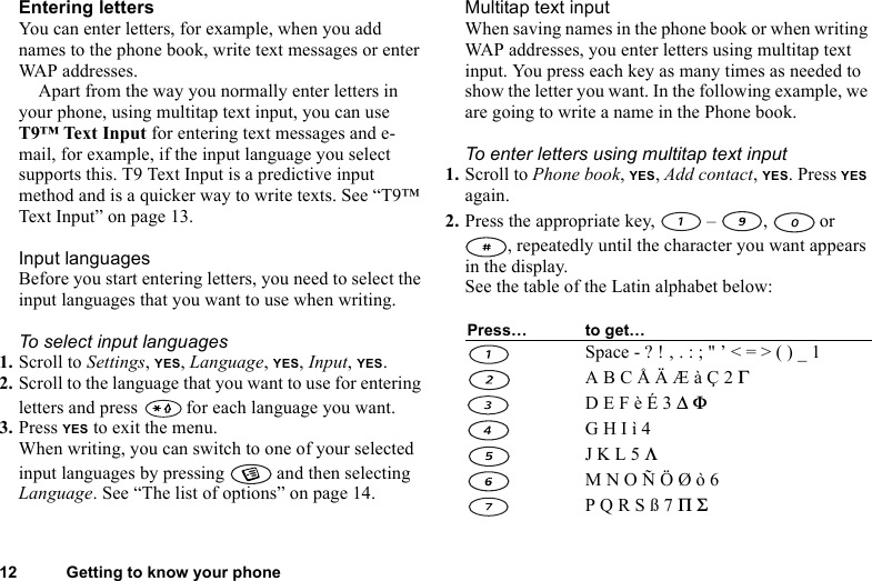 12 Getting to know your phoneEntering lettersYou can enter letters, for example, when you add names to the phone book, write text messages or enter WAP addresses. Apart from the way you normally enter letters in your phone, using multitap text input, you can use T9™ Text Input for entering text messages and e-mail, for example, if the input language you select supports this. T9 Text Input is a predictive input method and is a quicker way to write texts. See “T9™ Text Input” on page 13.Input languagesBefore you start entering letters, you need to select the input languages that you want to use when writing.To select input languages1. Scroll to Settings, YES, Language, YES, Input, YES.2. Scroll to the language that you want to use for entering letters and press   for each language you want.3. Press YES to exit the menu.When writing, you can switch to one of your selected input languages by pressing   and then selecting Language. See “The list of options” on page 14.Multitap text inputWhen saving names in the phone book or when writing WAP addresses, you enter letters using multitap text input. You press each key as many times as needed to show the letter you want. In the following example, we are going to write a name in the Phone book.To enter letters using multitap text input1. Scroll to Phone book, YES, Add contact, YES. Press YES again.2. Press the appropriate key,   –  ,   or , repeatedly until the character you want appears in the display.See the table of the Latin alphabet below: Press… to get…Space - ? ! ‚ . : ; &quot; ’ &lt; = &gt; ( ) _ 1A B C Å Ä Æ à Ç 2 ΓD E F è É 3 ∆ ΦG H I ì 4J K L 5 ΛM N O Ñ Ö Ø ò 6P Q R S ß 7 Π Σ