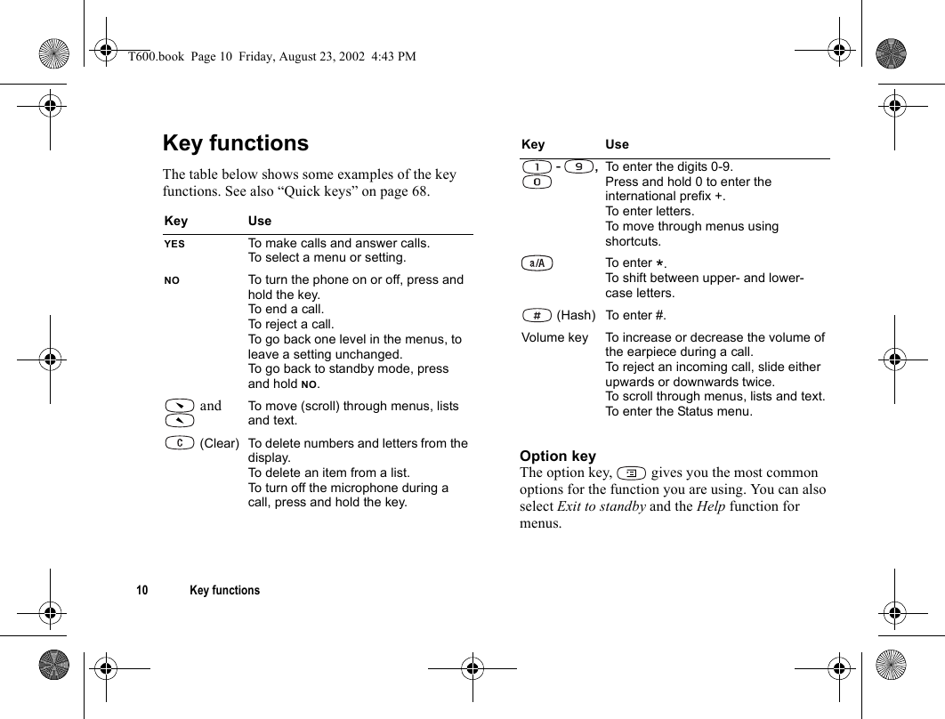 10 Key functionsKey functionsThe table below shows some examples of the key functions. See also “Quick keys” on page 68.Option keyThe option key,   gives you the most common options for the function you are using. You can also select Exit to standby and the Help function for menus.Key UseYES To make calls and answer calls. To select a menu or setting.NO To turn the phone on or off, press and hold the key.To end a call.To reject a call.To go back one level in the menus, to leave a setting unchanged.To go back to standby mode, press and hold NO. and  To move (scroll) through menus, lists and text. (Clear) To delete numbers and letters from the display.To delete an item from a list.To turn off the microphone during a call, press and hold the key. - ,  To enter the digits 0-9.Press and hold 0 to enter the international prefix +.To enter letters.To move through menus using shortcuts.To enter *.To shift between upper- and lower-case letters. (Hash) To enter #.Volume key To increase or decrease the volume of the earpiece during a call.To reject an incoming call, slide either upwards or downwards twice.To scroll through menus, lists and text.To enter the Status menu.Key UseT600.book  Page 10  Friday, August 23, 2002  4:43 PM