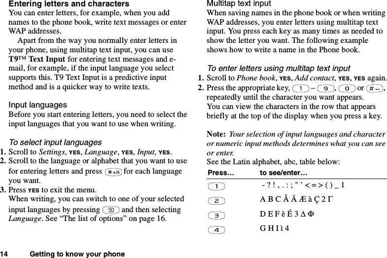 14 Getting to know your phoneEntering letters and charactersYou can enter letters, for example, when you addnames to the phone book, write text messages or enterWAP addresses.Apart from the way you normally enter letters inyour phone, using multitap text input, you can useT9™ Text Input for entering text messages and e-mail, for example, if the input language you selectsupports this. T9 Text Input is a predictive inputmethod and is a quicker way to write texts.Input languagesBefore you start entering letters, you need to select theinput languages that you want to use when writing.To select input languages1. Scroll to Settings,YES,Language,YES,Input,YES.2. Scroll to the language or alphabet that you want to usefor entering letters and press for each languageyou want.3. Press YES to exit the menu.When writing, you can switch to one of your selectedinput languages by pressing and then selectingLanguage. See “The list of options” on page 16.Multitap text inputWhen saving names in the phone book or when writingWAP addresses, you enter letters using multitap textinput. You press each key as many times as needed toshow the letter you want. The following exampleshows how to write a name in the Phone book.To enter letters using multitap text input1. Scroll to Phone book,YES,Add contact,YES,YES again.2. Press the appropriate key, – , or ,repeatedly until the character you want appears.You can view the characters in the row that appearsbrieflyatthetopofthedisplaywhenyoupressakey.Note: Your selection of input languages and characteror numeric input methods determines what you can seeor enter.See the Latin alphabet, abc, table below:Press… to see/enter…-?!‚.:;&quot;’&lt;=&gt;()_1ABCÅÄÆàÇ2ΓDEFèÉ3∆ ΦGHIì4