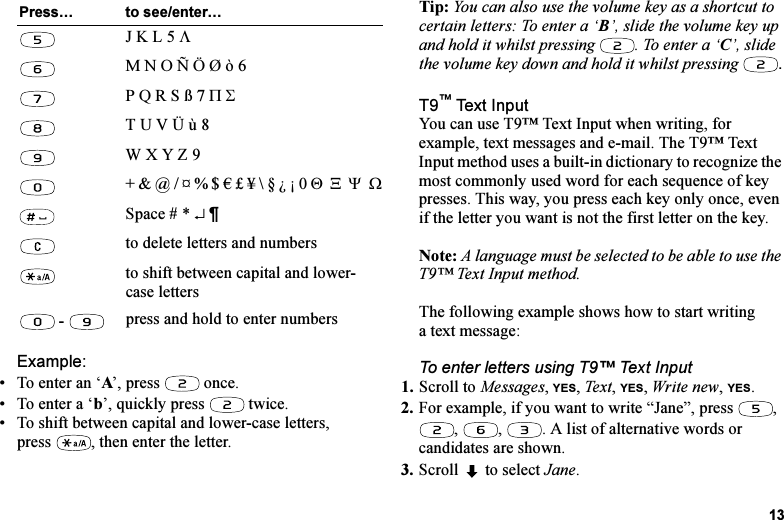 This is the Internet version of the user&apos;s guide. © Print only for private use.13Example:• To enter an ‘A’, press   once.• To enter a ‘b’, quickly press   twice.• To shift between capital and lower-case letters, press , then enter the letter.Tip: You can also use the volume key as a shortcut to certain letters: To enter a ‘B’, slide the volume key up and hold it whilst pressing  . To enter a ‘C’, slide the volume key down and hold it whilst pressing  .T9™ Text InputYou can use T9™ Text Input when writing, for example, text messages and e-mail. The T9™ Text Input method uses a built-in dictionary to recognize the most commonly used word for each sequence of key presses. This way, you press each key only once, even if the letter you want is not the first letter on the key. Note: A language must be selected to be able to use the T9™ Text Input method.The following example shows how to start writing a text message:To enter letters using T9™ Text Input1. Scroll to Messages, YES, Te xt, YES, Write new, YES.2. For example, if you want to write “Jane”, press  , ,  ,  . A list of alternative words or candidates are shown.3. Scroll  to select Jane.J K L 5 ΛM N O Ñ Ö Ø ò 6P Q R S ß 7 Π ΣT U V Ü ù 8W X Y Z 9+ &amp; @ / ¤ % $ € £ ¥ \ § ¿ ¡ 0 Θ  Ξ  Ψ  ΩSpace # * ↵ ¶to delete letters and numbersto shift between capital and lower-case letters -  press and hold to enter numbersPress… to see/enter…