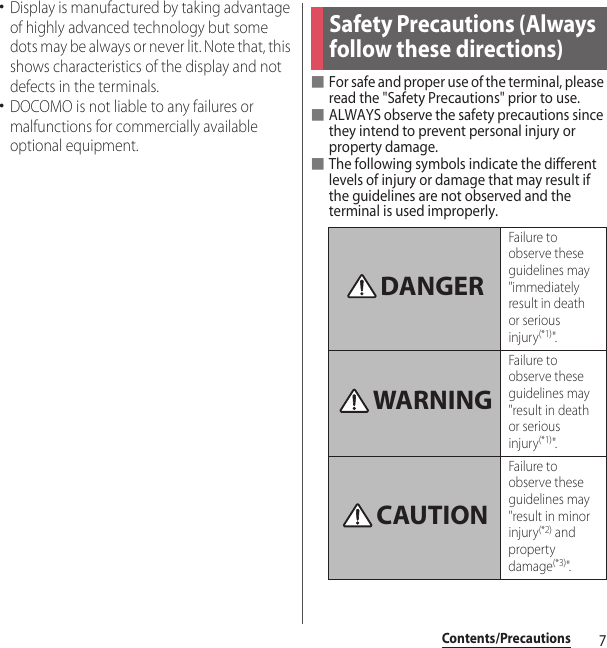 7Contents/Precautions･Display is manufactured by taking advantage of highly advanced technology but some dots may be always or never lit. Note that, this shows characteristics of the display and not defects in the terminals.･DOCOMO is not liable to any failures or malfunctions for commercially available optional equipment.■For safe and proper use of the terminal, please read the &quot;Safety Precautions&quot; prior to use.■ALWAYS observe the safety precautions since they intend to prevent personal injury or property damage.■The following symbols indicate the different levels of injury or damage that may result if the guidelines are not observed and the terminal is used improperly.Safety Precautions (Always follow these directions)Failure to observe these guidelines may &quot;immediately result in death or serious injury(*1)&quot;.Failure to observe these guidelines may &quot;result in death or serious injury(*1)&quot;.Failure to observe these guidelines may &quot;result in minor injury(*2) and property damage(*3)&quot;.DANGERWARNINGCAUTION