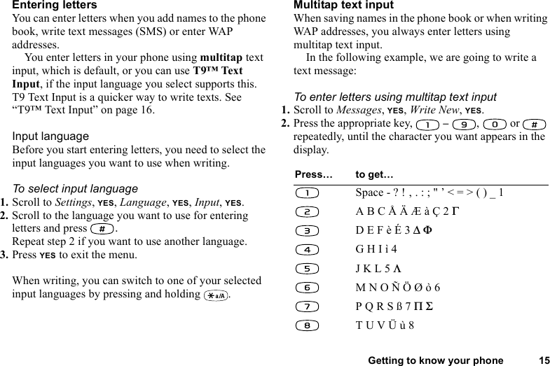 This is the Internet version of the user&apos;s guide. © Print only for private use.Getting to know your phone 15Entering lettersYou can enter letters when you add names to the phone book, write text messages (SMS) or enter WAP addresses. You enter letters in your phone using multitap text input, which is default, or you can use T9™ Text Input, if the input language you select supports this. T9 Text Input is a quicker way to write texts. See “T9™ Text Input” on page 16.Input languageBefore you start entering letters, you need to select the input languages you want to use when writing.To select input language1. Scroll to Settings, YES, Language, YES, Input, YES.2. Scroll to the language you want to use for entering letters and press  .Repeat step 2 if you want to use another language.3. Press YES to exit the menu.When writing, you can switch to one of your selected input languages by pressing and holding  .Multitap text inputWhen saving names in the phone book or when writing WAP addresses, you always enter letters using multitap text input.In the following example, we are going to write a text message:To enter letters using multitap text input1. Scroll to Messages, YES, Write New, YES.2. Press the appropriate key,   – ,  or   repeatedly, until the character you want appears in the display.Press… to get…Space - ? ! ‚ . : ; &quot; ’ &lt; = &gt; ( ) _ 1A B C Å Ä Æ à Ç 2 ΓD E F è É 3 ∆ ΦG H I ì 4J K L 5 ΛM N O Ñ Ö Ø ò 6P Q R S ß 7 Π ΣT U V Ü ù 8