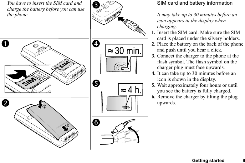 This is the Internet version of the user&apos;s guide. © Print only for private use.Getting started 9SIM card and battery informationIt may take up to 30 minutes before an icon appears in the display when charging.1. Insert the SIM card. Make sure the SIM card is placed under the silvery holders.2. Place the battery on the back of the phone and push until you hear a click.3. Connect the charger to the phone at the flash symbol. The flash symbol on the charger plug must face upwards.4. It can take up to 30 minutes before an icon is shown in the display.5. Wait approximately four hours or until you see the battery is fully charged.6. Remove the charger by tilting the plug upwards.You have to insert the SIM card and charge the battery before you can use the phone.