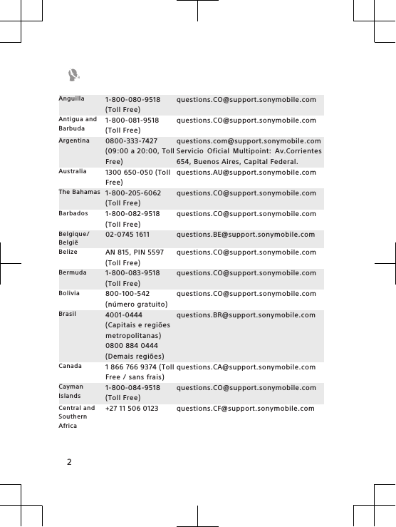 Anguilla 1-800-080-9518(Toll Free)questions.CO@support.sonymobile.comAntigua andBarbuda1-800-081-9518(Toll Free)questions.CO@support.sonymobile.comArgentina 0800-333-7427(09:00 a 20:00, TollFree)questions.com@support.sonymobile.comServicio Oficial Multipoint: Av.Corrientes654, Buenos Aires, Capital Federal.Australia 1300 650-050 (TollFree)questions.AU@support.sonymobile.comThe Bahamas 1-800-205-6062(Toll Free)questions.CO@support.sonymobile.comBarbados 1-800-082-9518(Toll Free)questions.CO@support.sonymobile.comBelgique/België02-0745 1611 questions.BE@support.sonymobile.comBelize AN 815, PIN 5597(Toll Free)questions.CO@support.sonymobile.comBermuda 1-800-083-9518(Toll Free)questions.CO@support.sonymobile.comBolivia 800-100-542(número gratuito)questions.CO@support.sonymobile.comBrasil 4001-0444(Capitais e regiõesmetropolitanas)0800 884 0444(Demais regiões)questions.BR@support.sonymobile.comCanada 1 866 766 9374 (TollFree / sans frais)questions.CA@support.sonymobile.comCaymanIslands1-800-084-9518(Toll Free)questions.CO@support.sonymobile.comCentral andSouthernAfrica+27 11 506 0123 questions.CF@support.sonymobile.com2