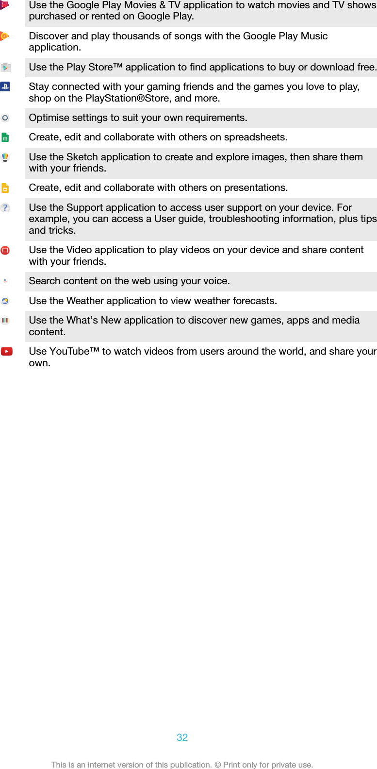 Use the Google Play Movies &amp; TV application to watch movies and TV showspurchased or rented on Google Play.Discover and play thousands of songs with the Google Play Musicapplication.Use the Play Store™ application to ﬁnd applications to buy or download free.Stay connected with your gaming friends and the games you love to play,shop on the PlayStation®Store, and more.Optimise settings to suit your own requirements.Create, edit and collaborate with others on spreadsheets.Use the Sketch application to create and explore images, then share themwith your friends.Create, edit and collaborate with others on presentations.Use the Support application to access user support on your device. Forexample, you can access a User guide, troubleshooting information, plus tipsand tricks.Use the Video application to play videos on your device and share contentwith your friends.Search content on the web using your voice.Use the Weather application to view weather forecasts.Use the What’s New application to discover new games, apps and mediacontent.Use YouTube™ to watch videos from users around the world, and share yourown.32This is an internet version of this publication. © Print only for private use.