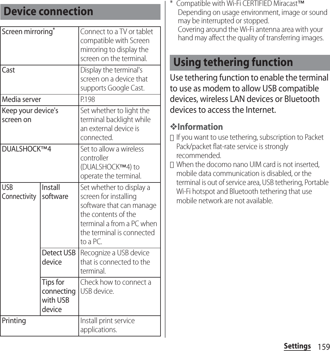 159Settings* Compatible with Wi-Fi CERTIFIED Miracast™Depending on usage environment, image or sound may be interrupted or stopped.Covering around the Wi-Fi antenna area with your hand may affect the quality of transferring images.Use tethering function to enable the terminal to use as modem to allow USB compatible devices, wireless LAN devices or Bluetooth devices to access the Internet.❖Information･If you want to use tethering, subscription to Packet Pack/packet flat-rate service is strongly recommended.･When the docomo nano UIM card is not inserted, mobile data communication is disabled, or the terminal is out of service area, USB tethering, Portable Wi-Fi hotspot and Bluetooth tethering that use mobile network are not available.Device connectionScreen mirroring*Connect to a TV or tablet compatible with Screen mirroring to display the screen on the terminal.CastDisplay the terminal&apos;s screen on a device that supports Google Cast.Media serverP. 1 9 8Keep your device&apos;s screen onSet whether to light the terminal backlight while an external device is connected.DUALSHOCK™4Set to allow a wireless controller (DUALSHOCK™4) to operate the terminal.USB ConnectivityInstall softwareSet whether to display a screen for installing software that can manage the contents of the terminal a from a PC when the terminal is connected to a PC.Detect USB deviceRecognize a USB device that is connected to the terminal.Tips for connecting with USB deviceCheck how to connect a USB device.PrintingInstall print service applications.Using tethering function