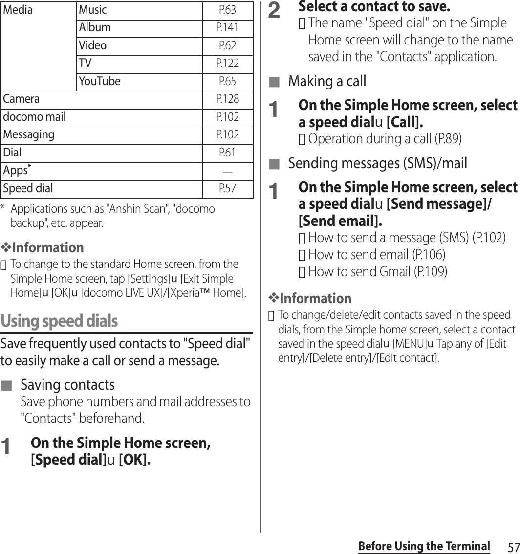 57Before Using the Terminal* Applications such as &quot;Anshin Scan&quot;, &quot;docomo backup&quot;, etc. appear.❖Information･To change to the standard Home screen, from the Simple Home screen, tap [Settings]u[Exit Simple Home]u[OK]u[docomo LIVE UX]/[Xperia™ Home].Using speed dialsSave frequently used contacts to &quot;Speed dial&quot; to easily make a call or send a message.■ Saving contactsSave phone numbers and mail addresses to &quot;Contacts&quot; beforehand.1On the Simple Home screen, [Speed dial]u[OK].2Select a contact to save.･The name &quot;Speed dial&quot; on the Simple Home screen will change to the name saved in the &quot;Contacts&quot; application.■ Making a call1On the Simple Home screen, select a speed dialu[Call].･Operation during a call (P.89)■ Sending messages (SMS)/mail1On the Simple Home screen, select a speed dialu[Send message]/[Send email].･How to send a message (SMS) (P.102)･How to send email (P.106)･How to send Gmail (P.109)❖Information･To change/delete/edit contacts saved in the speed dials, from the Simple home screen, select a contact saved in the speed dialu[MENU]uTap any of [Edit entry]/[Delete entry]/[Edit contact].Media MusicP. 6 3AlbumP. 1 4 1VideoP. 6 2TVP. 1 2 2YouTubeP. 6 5CameraP. 1 2 8docomo mailP. 1 0 2MessagingP. 1 0 2DialP. 6 1Apps*―Speed dialP. 5 7