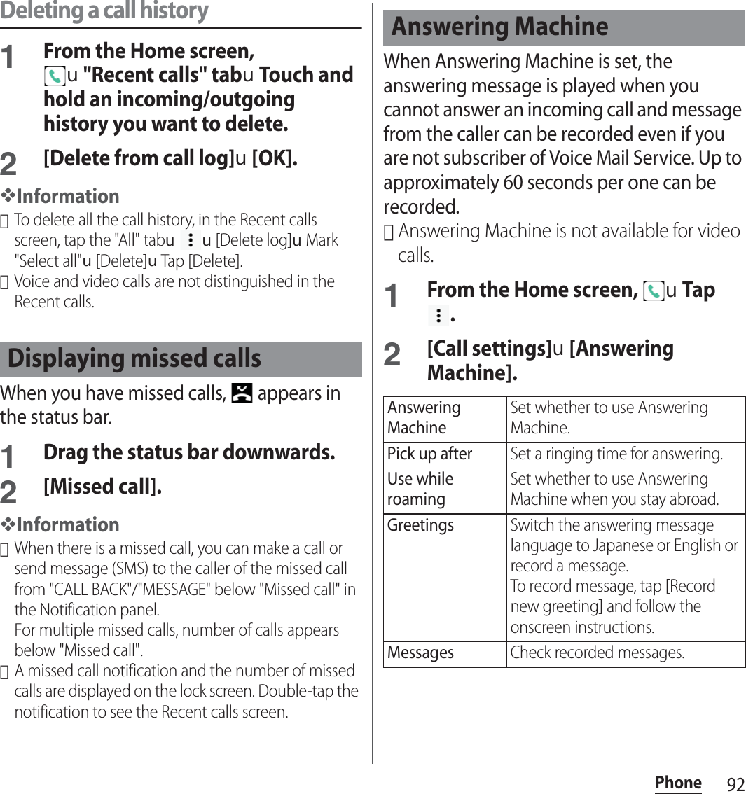 92PhoneDeleting a call history1From the Home screen, u&quot;Recent calls&quot; tabuTouch and hold an incoming/outgoing history you want to delete.2[Delete from call log]u[OK].❖Information･To delete all the call history, in the Recent calls screen, tap the &quot;All&quot; tabuu[Delete log]uMark &quot;Select all&quot;u[Delete]uTap [Delete].･Voice and video calls are not distinguished in the Recent calls.When you have missed calls,   appears in the status bar.1Drag the status bar downwards.2[Missed call].❖Information･When there is a missed call, you can make a call or send message (SMS) to the caller of the missed call from &quot;CALL BACK&quot;/&quot;MESSAGE&quot; below &quot;Missed call&quot; in the Notification panel.For multiple missed calls, number of calls appears below &quot;Missed call&quot;.･A missed call notification and the number of missed calls are displayed on the lock screen. Double-tap the notification to see the Recent calls screen.When Answering Machine is set, the answering message is played when you cannot answer an incoming call and message from the caller can be recorded even if you are not subscriber of Voice Mail Service. Up to approximately 60 seconds per one can be recorded.･Answering Machine is not available for video calls.1From the Home screen, uTap .2[Call settings]u[Answering Machine].Displaying missed callsAnswering MachineAnswering MachineSet whether to use Answering Machine.Pick up afterSet a ringing time for answering.Use while roamingSet whether to use Answering Machine when you stay abroad.GreetingsSwitch the answering message language to Japanese or English or record a message.To record message, tap [Record new greeting] and follow the onscreen instructions.MessagesCheck recorded messages.