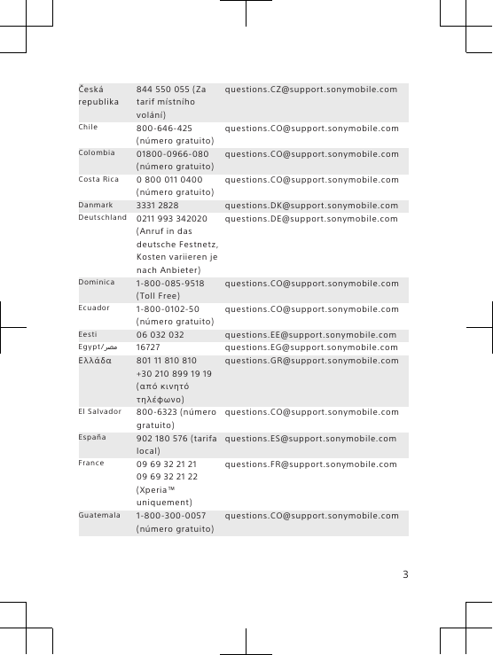 Českárepublika844 550 055 (Zatarif místníhovolání)questions.CZ@support.sonymobile.comChile 800-646-425(número gratuito)questions.CO@support.sonymobile.comColombia 01800-0966-080(número gratuito)questions.CO@support.sonymobile.comCosta Rica 0 800 011 0400(número gratuito)questions.CO@support.sonymobile.comDanmark 3331 2828 questions.DK@support.sonymobile.comDeutschland 0211 993 342020(Anruf in dasdeutsche Festnetz,Kosten variieren jenach Anbieter)questions.DE@support.sonymobile.comDominica 1-800-085-9518(Toll Free)questions.CO@support.sonymobile.comEcuador 1-800-0102-50(número gratuito)questions.CO@support.sonymobile.comEesti 06 032 032 questions.EE@support.sonymobile.comEgypt/󰂏󰂝󰃄 16727 questions.EG@support.sonymobile.comΕλλάδα 801 11 810 810+30 210 899 19 19(από κινητότηλέφωνο)questions.GR@support.sonymobile.comEl Salvador 800-6323 (númerogratuito)questions.CO@support.sonymobile.comEspaña 902 180 576 (tarifalocal)questions.ES@support.sonymobile.comFrance 09 69 32 21 2109 69 32 21 22(Xperia™uniquement)questions.FR@support.sonymobile.comGuatemala 1-800-300-0057(número gratuito)questions.CO@support.sonymobile.com3