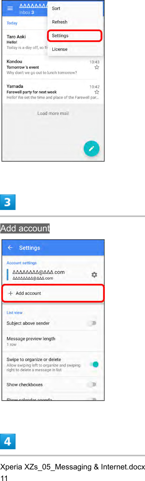 Xperia XZs_05_Messaging &amp; Internet.docx 11   Add account   