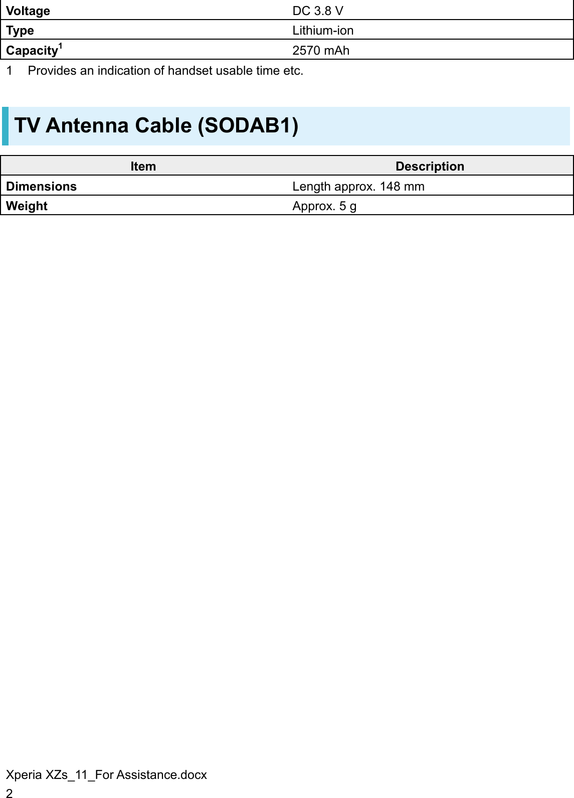 Xperia XZs_11_For Assistance.docx 2 Voltage DC 3.8 V Type Lithium-ion Capacity1 2570 mAh 1  Provides an indication of handset usable time etc. TV Antenna Cable (SODAB1) Item Description Dimensions Length approx. 148 mm Weight Approx. 5 g  