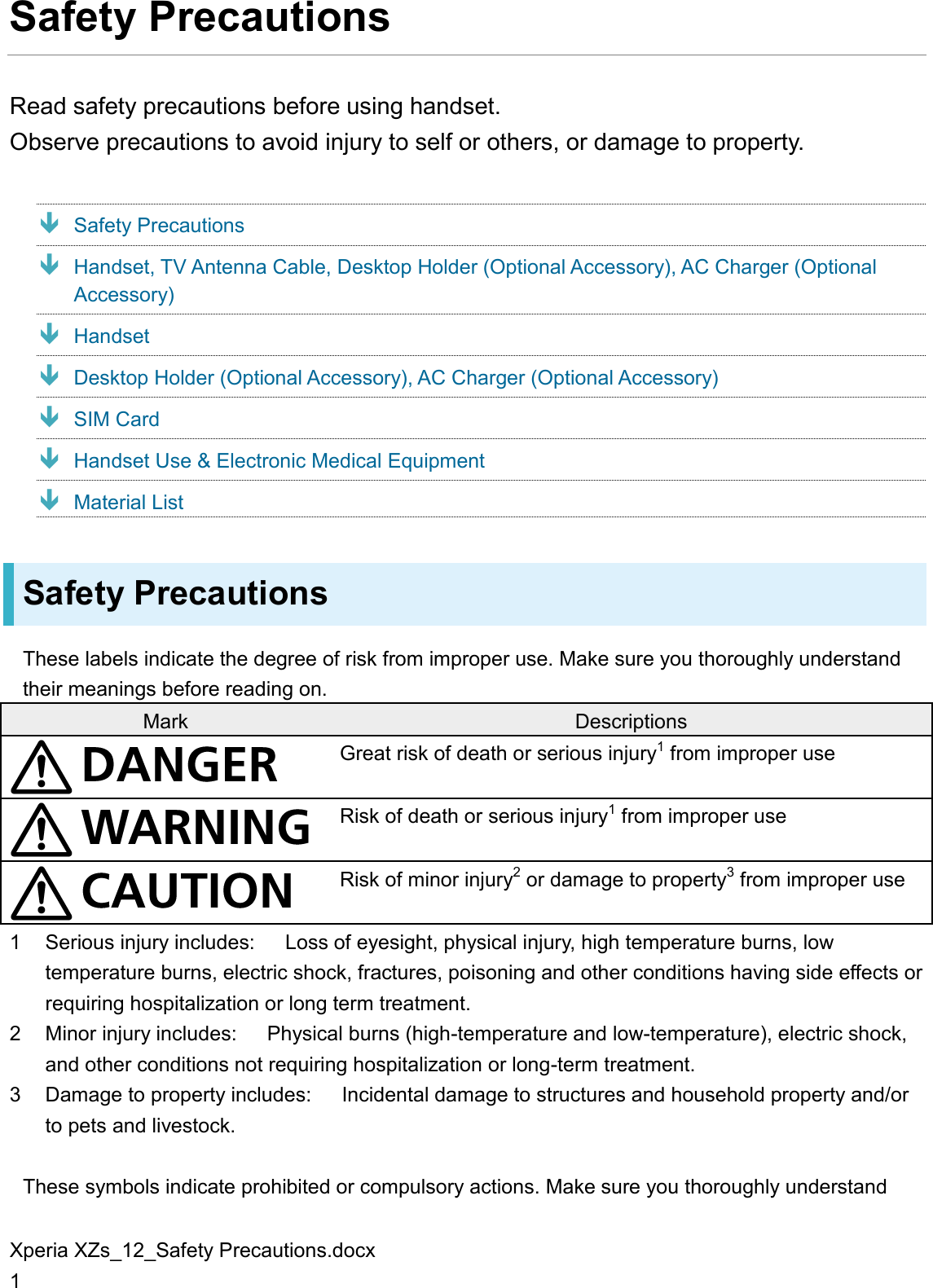 Xperia XZs_12_Safety Precautions.docx 1 Safety Precautions Read safety precautions before using handset. Observe precautions to avoid injury to self or others, or damage to property.  Safety Precautions  Handset, TV Antenna Cable, Desktop Holder (Optional Accessory), AC Charger (Optional Accessory)  Handset  Desktop Holder (Optional Accessory), AC Charger (Optional Accessory)  SIM Card  Handset Use &amp; Electronic Medical Equipment  Material List Safety Precautions These labels indicate the degree of risk from improper use. Make sure you thoroughly understand their meanings before reading on. Mark Descriptions  Great risk of death or serious injury1 from improper use  Risk of death or serious injury1 from improper use  Risk of minor injury2 or damage to property3 from improper use 1  Serious injury includes:      Loss of eyesight, physical injury, high temperature burns, low temperature burns, electric shock, fractures, poisoning and other conditions having side effects or requiring hospitalization or long term treatment. 2  Minor injury includes:      Physical burns (high-temperature and low-temperature), electric shock, and other conditions not requiring hospitalization or long-term treatment. 3  Damage to property includes:      Incidental damage to structures and household property and/or to pets and livestock.  These symbols indicate prohibited or compulsory actions. Make sure you thoroughly understand 