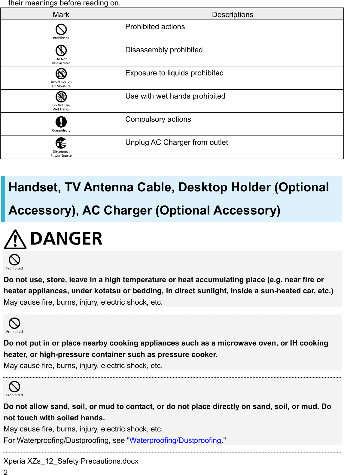 Xperia XZs_12_Safety Precautions.docx 2 their meanings before reading on. Mark Descriptions  Prohibited actions  Disassembly prohibited  Exposure to liquids prohibited  Use with wet hands prohibited  Compulsory actions  Unplug AC Charger from outlet Handset, TV Antenna Cable, Desktop Holder (Optional Accessory), AC Charger (Optional Accessory)   Do not use, store, leave in a high temperature or heat accumulating place (e.g. near fire or heater appliances, under kotatsu or bedding, in direct sunlight, inside a sun-heated car, etc.) May cause fire, burns, injury, electric shock, etc.   Do not put in or place nearby cooking appliances such as a microwave oven, or IH cooking heater, or high-pressure container such as pressure cooker. May cause fire, burns, injury, electric shock, etc.   Do not allow sand, soil, or mud to contact, or do not place directly on sand, soil, or mud. Do not touch with soiled hands. May cause fire, burns, injury, electric shock, etc. For Waterproofing/Dustproofing, see &quot;Waterproofing/Dustproofing.&quot;  
