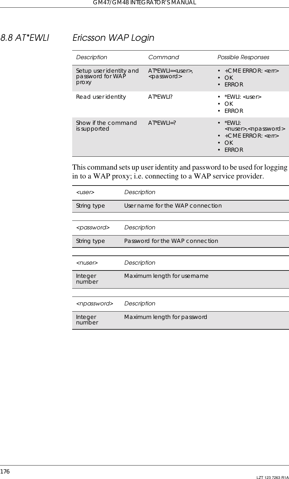 GM47/GM48 INTEGRATOR’S MANUAL176 LZT 123 7263 R1A8.8 AT*EWLI Ericsson WAP LoginThis command sets up user identity and password to be used for loggingin to a WAP proxy; i.e. connecting to a WAP service provider.Description Command Possible ResponsesSetup user identity andpassword for WAPproxyAT*EWLI=&lt;user&gt;,&lt;password&gt; •+CMEERROR:&lt;err&gt;•OK•ERRORRead user identity AT*EWLI? •*EWLI:&lt;user&gt;•OK•ERRORShow if the commandis supported AT*EWLI=? •*EWLI:&lt;nuser&gt;,&lt;npassword&gt;•+CMEERROR:&lt;err&gt;•OK•ERROR&lt;user&gt; DescriptionString type User name for the WAP connection&lt;password&gt; DescriptionString type Password for the WAP connection&lt;nuser&gt; DescriptionIntegernumber Maximum length for username&lt;npassword&gt; DescriptionIntegernumber Maximum length for password