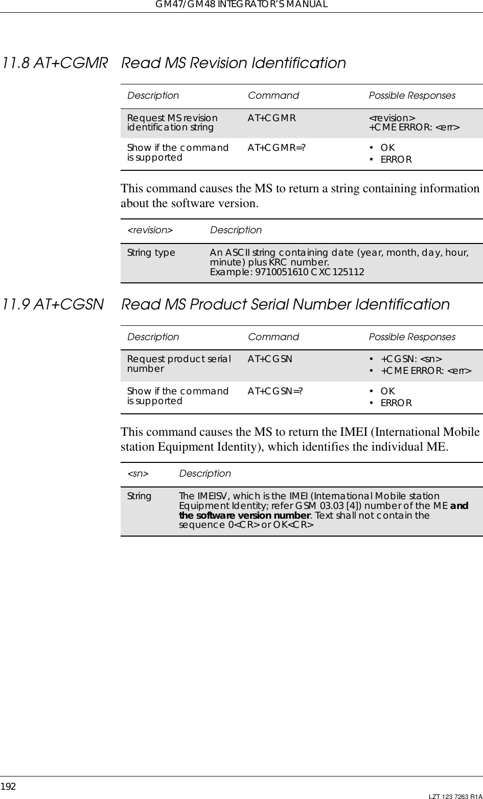 GM47/GM48 INTEGRATOR’S MANUAL192 LZT 123 7263 R1A11.8 AT+CGMR Read MS Revision IdentificationThis command causes the MS to return a string containing informationabout the software version.11.9 AT+CGSN Read MS Product Serial Number IdentificationThis command causes the MS to return the IMEI (International Mobilestation Equipment Identity), which identifies the individual ME.Description Command Possible ResponsesRequest MS revisionidentification string AT+CGMR &lt;revision&gt;+CME ERROR: &lt;err&gt;Show if the commandis supported AT+CGMR=? •OK•ERROR&lt;revision&gt; DescriptionString type An ASCII string containing date (year, month, day, hour,minute) plus KRC number.Example: 9710051610 CXC125112Description Command Possible ResponsesRequest product serialnumber AT+CGSN •+CGSN:&lt;sn&gt;•+CMEERROR:&lt;err&gt;Show if the commandis supported AT+CGSN=? •OK•ERROR&lt;sn&gt; DescriptionString The IMEISV, which is the IMEI (International Mobile stationEquipment Identity; refer GSM 03.03 [4]) number of the ME andthe software version number. Text shall not contain thesequence 0&lt;CR&gt; or OK&lt;CR&gt;