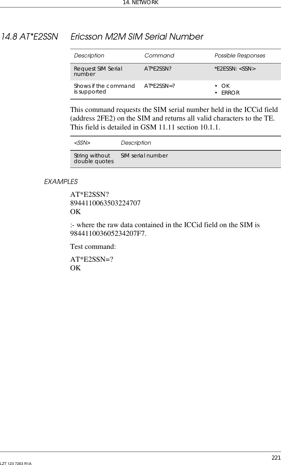 14. NETWORK221LZT 123 7263 R1A14.8 AT*E2SSN Ericsson M2M SIM Serial NumberThis command requests the SIM serial number held in the ICCid field(address 2FE2) on the SIM and returns all valid characters to the TE.This field is detailed in GSM 11.11 section 10.1.1.EXAMPLESAT*E2SSN?8944110063503224707OK:- where the raw data contained in the ICCid field on the SIM is984411003605234207F7.Test command:AT*E2SSN=?OKDescription Command Possible ResponsesRequest SIM Serialnumber AT*E2SSN? *E2ESSN: &lt;SSN&gt;Shows if the commandis supported AT*E2SSN=? •OK•ERROR&lt;SSN&gt; DescriptionString withoutdouble quotes SIM serial number