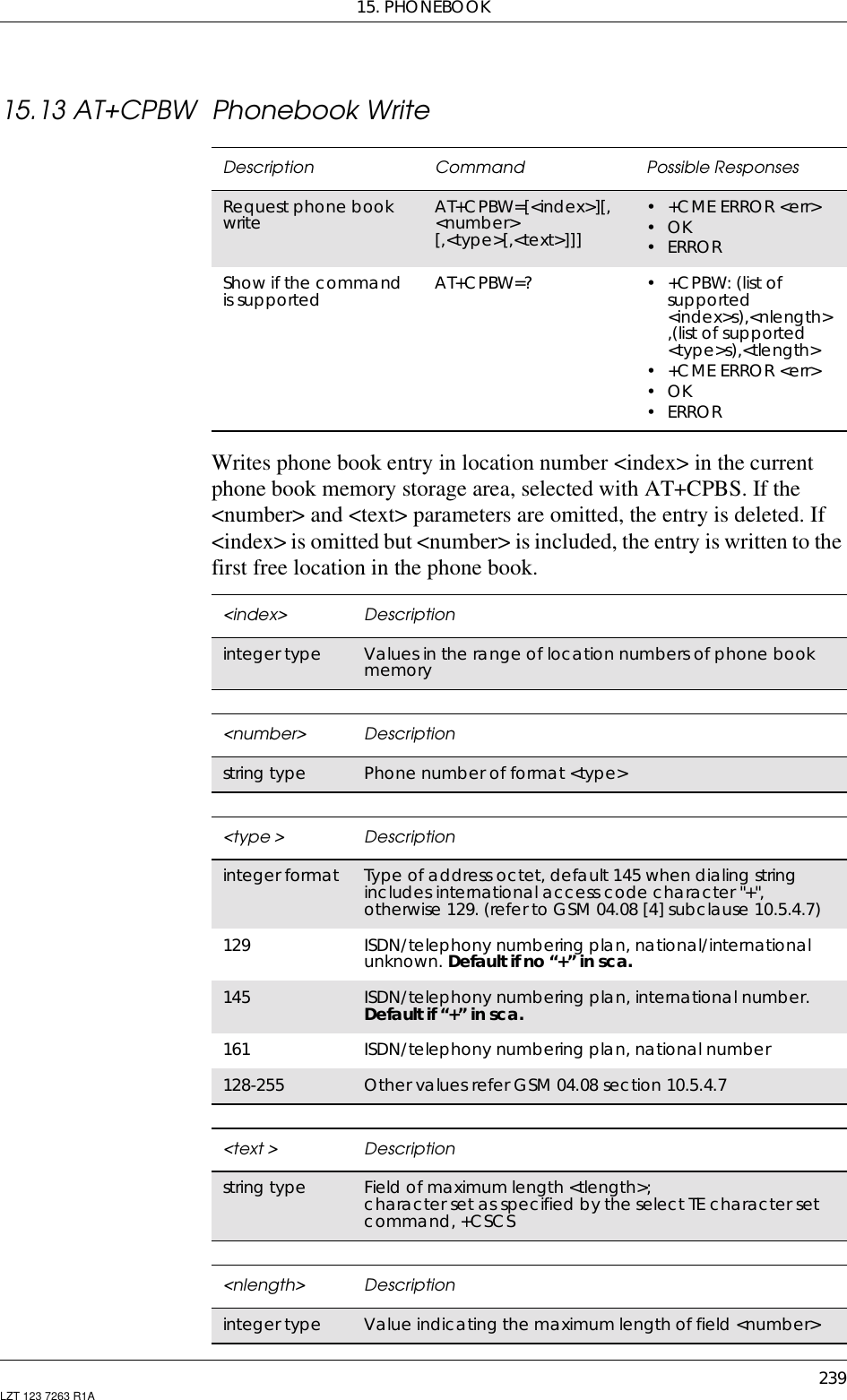 15. PHONEBOOK239LZT 123 7263 R1A15.13 AT+CPBW Phonebook WriteWrites phone book entry in location number &lt;index&gt; in the currentphone book memory storage area, selected with AT+CPBS. If the&lt;number&gt; and &lt;text&gt; parameters are omitted, the entry is deleted. If&lt;index&gt; is omitted but &lt;number&gt; is included, the entry is written to thefirst free location in the phone book.Description Command Possible ResponsesRequest phone bookwrite AT+CPBW=[&lt;index&gt;][,&lt;number&gt;[,&lt;type&gt;[,&lt;text&gt;]]]• +CME ERROR &lt;err&gt;•OK•ERRORShow if the commandis supported AT+CPBW=? •+CPBW:(listofsupported&lt;index&gt;s),&lt;nlength&gt;,(list of supported&lt;type&gt;s),&lt;tlength&gt;• +CME ERROR &lt;err&gt;•OK•ERROR&lt;index&gt; Descriptioninteger type Values in the range of location numbers of phone bookmemory&lt;number&gt; Descriptionstring type Phone number of format &lt;type&gt;&lt;type &gt; Descriptioninteger format Type of address octet, default 145 when dialing stringincludes international access code character &quot;+&quot;,otherwise 129. (refer to GSM 04.08 [4] subclause 10.5.4.7)129 ISDN/telephony numbering plan, national/internationalunknown. Default if no “+” in sca.145 ISDN/telephony numbering plan, international number.Default if “+” in sca.161 ISDN/telephony numbering plan, national number128-255 Other values refer GSM 04.08 section 10.5.4.7&lt;text &gt; Descriptionstring type Field of maximum length &lt;tlength&gt;;character set as specified by the select TE character setcommand, +CSCS&lt;nlength&gt; Descriptioninteger type Value indicating the maximum length of field &lt;number&gt;