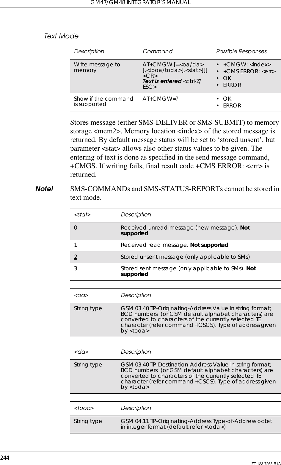 GM47/GM48 INTEGRATOR’S MANUAL244 LZT 123 7263 R1AText ModeStores message (either SMS-DELIVER or SMS-SUBMIT) to memorystorage &lt;mem2&gt;. Memory location &lt;index&gt; of the stored message isreturned. By default message status will be set to ‘stored unsent’, butparameter &lt;stat&gt; allows also other status values to be given. Theentering of text is done as specified in the send message command,+CMGS. If writing fails, final result code +CMS ERROR: &lt;err&gt; isreturned.Note! SMS-COMMANDs and SMS-STATUS-REPORTs cannot be stored intext mode.Description Command Possible ResponsesWrite message tomemory AT+CMGW [=&lt;oa/da&gt;[,&lt;tooa/toda&gt;[,&lt;stat&gt;]]]&lt;CR&gt;Text is entered &lt;ctrl-Z/ESC&gt;•+CMGW:&lt;index&gt;• +CMS ERROR: &lt;err&gt;•OK•ERRORShow if the commandis supported AT+CMGW=? •OK•ERROR&lt;stat&gt; Description0Received unread message (new message). Notsupported1Received read message. Not supported2Stored unsent message (only applicable to SMs)3Stored sent message (only applicable to SMs). Notsupported&lt;oa&gt; DescriptionString type GSM 03.40 TP-Originating-Address Value in string format;BCD numbers (or GSM default alphabet characters) areconverted to characters of the currently selected TEcharacter (refer command +CSCS). Type of address givenby &lt;tooa&gt;&lt;da&gt; DescriptionString type GSM 03.40 TP-Destination-Address Value in string format;BCD numbers (or GSM default alphabet characters) areconverted to characters of the currently selected TEcharacter (refer command +CSCS). Type of address givenby &lt;toda&gt;&lt;tooa&gt; DescriptionString type GSM 04.11 TP-Originating-Address Type-of-Address octetin integer format (default refer &lt;toda&gt;)