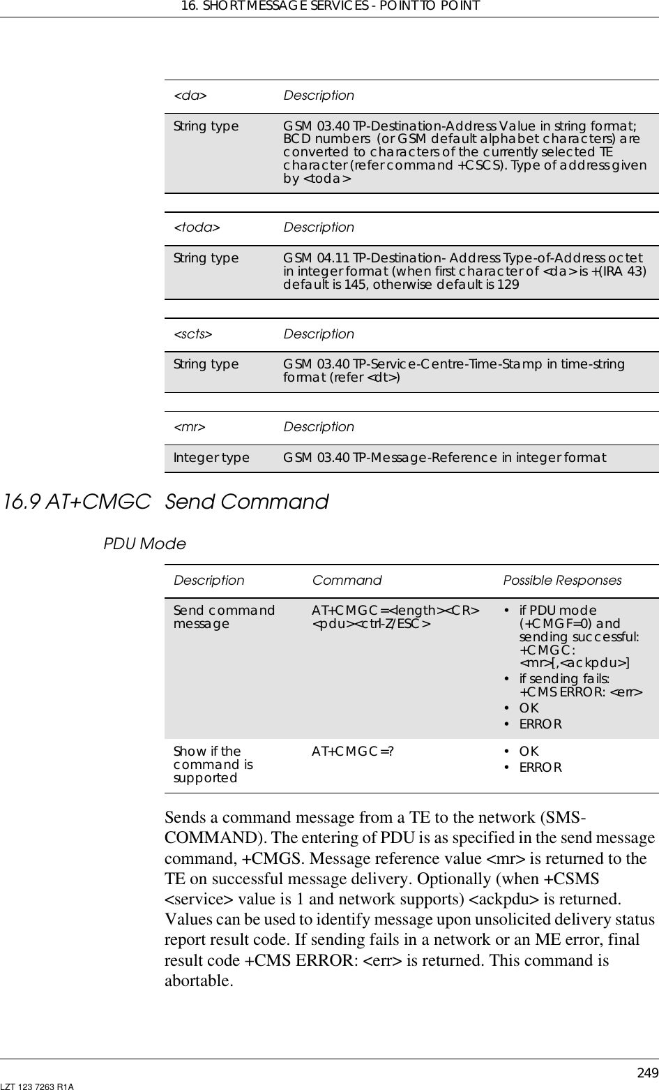 16. SHORT MESSAGE SERVICES - POINT TO POINT249LZT 123 7263 R1A16.9 AT+CMGC Send CommandPDU ModeSends a command message from a TE to the network (SMS-COMMAND). The entering of PDU is as specified in the send messagecommand, +CMGS. Message reference value &lt;mr&gt; is returned to theTE on successful message delivery. Optionally (when +CSMS&lt;service&gt; value is 1 and network supports) &lt;ackpdu&gt; is returned.Values can be used to identify message upon unsolicited delivery statusreport result code. If sending fails in a network or an ME error, finalresult code +CMS ERROR: &lt;err&gt; is returned. This command isabortable.&lt;da&gt; DescriptionString type GSM 03.40 TP-Destination-Address Value in string format;BCD numbers (or GSM default alphabet characters) areconverted to characters of the currently selected TEcharacter(refercommand+CSCS).Typeofaddressgivenby &lt;toda&gt;&lt;toda&gt; DescriptionString type GSM 04.11 TP-Destination- Address Type-of-Address octetin integer format (when first character of &lt;da&gt; is +(IRA 43)default is 145, otherwise default is 129&lt;scts&gt; DescriptionString type GSM 03.40 TP-Service-Centre-Time-Stamp in time-stringformat (refer &lt;dt&gt;)&lt;mr&gt; DescriptionInteger type GSM 03.40 TP-Message-Reference in integer formatDescription Command Possible ResponsesSend commandmessage AT+CMGC=&lt;length&gt;&lt;CR&gt;&lt;pdu&gt;&lt;ctrl-Z/ESC&gt; •ifPDUmode(+CMGF=0) andsending successful:+CMGC:&lt;mr&gt;[,&lt;ackpdu&gt;]•ifsendingfails:+CMS ERROR: &lt;err&gt;•OK•ERRORShow if thecommand issupportedAT+CMGC=? •OK•ERROR