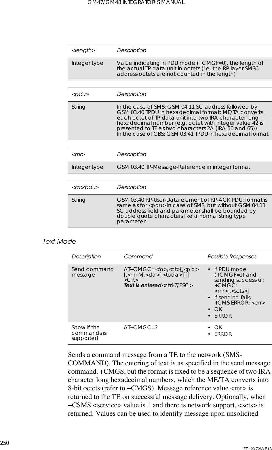 GM47/GM48 INTEGRATOR’S MANUAL250 LZT 123 7263 R1AText ModeSends a command message from a TE to the network (SMS-COMMAND). The entering of text is as specified in the send messagecommand, +CMGS, but the format is fixed to be a sequence of two IRAcharacter long hexadecimal numbers, which the ME/TA converts into8-bit octets (refer to +CMGS). Message reference value &lt;mr&gt; isreturned to the TE on successful message delivery. Optionally, when+CSMS &lt;service&gt; value is 1 and there is network support, &lt;scts&gt; isreturned. Values can be used to identify message upon unsolicited&lt;length&gt; DescriptionInteger type Value indicating in PDU mode (+CMGF=0), the length ofthe actual TP data unit in octets (i.e. the RP layer SMSCaddress octets are not counted in the length)&lt;pdu&gt; DescriptionString InthecaseofSMS:GSM04.11SCaddressfollowedbyGSM 03.40 TPDU in hexadecimal format: ME/TA convertseach octet of TP data unit into two IRA character longhexadecimal number (e.g. octet with integer value 42 ispresented to TE as two characters 2A (IRA 50 and 65))In the case of CBS: GSM 03.41 TPDU in hexadecimal format&lt;mr&gt; DescriptionInteger type GSM 03.40 TP-Message-Reference in integer format&lt;ackpdu&gt; DescriptionString GSM 03.40 RP-User-Data element of RP-ACK PDU; format issame as for &lt;pdu&gt; in case of SMS, but without GSM 04.11SC address field and parameter shall be bounded bydouble quote characters like a normal string typeparameterDescription Command Possible ResponsesSend commandmessage AT+CMGC=&lt;fo&gt;,&lt;ct&gt;[,&lt;pid&gt;[,&lt;mn&gt;[,&lt;da&gt;[,&lt;toda&gt;]]]]&lt;CR&gt;Text is entered&lt;ctrl-Z/ESC&gt;•ifPDUmode(+CMGF=1) andsending successful:+CMGC:&lt;mr&gt;[,&lt;scts&gt;]•ifsendingfails:+CMS ERROR: &lt;err&gt;•OK•ERRORShow if thecommands issupportedAT+CMGC=? •OK•ERROR