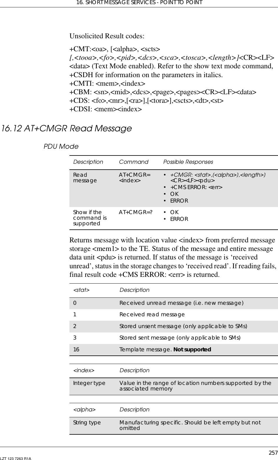 16. SHORT MESSAGE SERVICES - POINT TO POINT257LZT 123 7263 R1AUnsolicited Result codes:+CMT:&lt;oa&gt;, [&lt;alpha&gt;, &lt;scts&gt;[,&lt;tooa&gt;,&lt;fo&gt;,&lt;pid&gt;,&lt;dcs&gt;,&lt;sca&gt;,&lt;tosca&gt;,&lt;length&gt;]&lt;CR&gt;&lt;LF&gt;&lt;data&gt; (Text Mode enabled). Refer to the show text mode command,+CSDH for information on the parameters in italics.+CMTI: &lt;mem&gt;,&lt;index&gt;+CBM: &lt;sn&gt;,&lt;mid&gt;,&lt;dcs&gt;,&lt;page&gt;,&lt;pages&gt;&lt;CR&gt;&lt;LF&gt;&lt;data&gt;+CDS: &lt;fo&gt;,&lt;mr&gt;,[&lt;ra&gt;],[&lt;tora&gt;],&lt;scts&gt;,&lt;dt&gt;,&lt;st&gt;+CDSI: &lt;mem&gt;&lt;index&gt;16.12 AT+CMGR Read MessagePDU ModeReturns message with location value &lt;index&gt; from preferred messagestorage &lt;mem1&gt; to the TE. Status of the message and entire messagedata unit &lt;pdu&gt; is returned. If status of the message is ‘receivedunread’, status in the storage changes to ‘received read’. If reading fails,final result code +CMS ERROR: &lt;err&gt; is returned.Description Command Possible ResponsesReadmessage AT+CMGR=&lt;index&gt; •+CMGR: &lt;stat&gt;,[&lt;alpha&gt;],&lt;length&gt;]&lt;CR&gt;&lt;LF&gt;&lt;pdu&gt;•+CMSERROR:&lt;err&gt;•OK• ERRORShow if thecommand issupportedAT+CMGR=? •OK• ERROR&lt;stat&gt; Description0Received unread message (i.e. new message)1Received read message2Stored unsent message (only applicable to SMs)3Stored sent message (only applicable to SMs)16 Template message. Not supported&lt;index&gt; DescriptionInteger type Value in the range of location numbers supported by theassociated memory&lt;alpha&gt; DescriptionString type Manufacturing specific. Should be left empty but notomitted