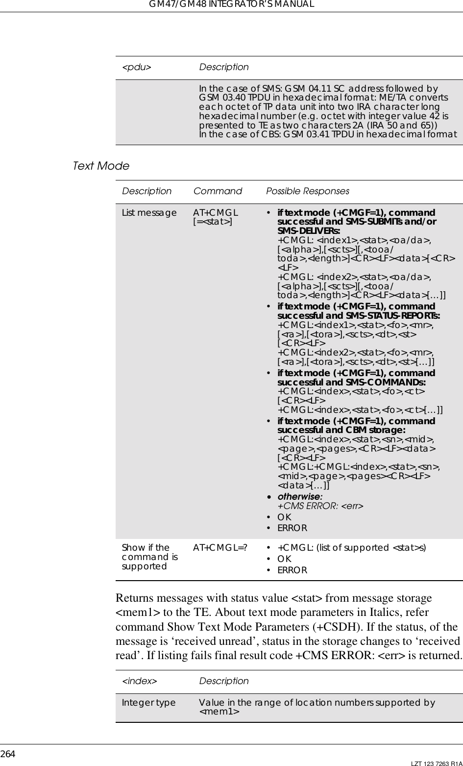 GM47/GM48 INTEGRATOR’S MANUAL264 LZT 123 7263 R1AText ModeReturns messages with status value &lt;stat&gt; from message storage&lt;mem1&gt; to the TE. About text mode parameters in Italics, refercommand Show Text Mode Parameters (+CSDH). If the status, of themessage is ‘received unread’, status in the storage changes to ‘receivedread’. If listing fails final result code +CMS ERROR: &lt;err&gt; is returned.&lt;pdu&gt; DescriptionInthecaseofSMS:GSM04.11SCaddressfollowedbyGSM 03.40 TPDU in hexadecimal format: ME/TA convertseach octet of TP data unit into two IRA character longhexadecimal number (e.g. octet with integer value 42 ispresented to TE as two characters 2A (IRA 50 and 65))In the case of CBS: GSM 03.41 TPDU in hexadecimal formatDescription Command Possible ResponsesList message AT+CMGL[=&lt;stat&gt;] •if text mode (+CMGF=1), commandsuccessful and SMS-SUBMITs and/orSMS-DELIVERs:+CMGL: &lt;index1&gt;,&lt;stat&gt;,&lt;oa/da&gt;,[&lt;alpha&gt;],[&lt;scts&gt;][,&lt;tooa/toda&gt;,&lt;length&gt;]&lt;CR&gt;&lt;LF&gt;&lt;data&gt;[&lt;CR&gt;&lt;LF&gt;+CMGL: &lt;index2&gt;,&lt;stat&gt;,&lt;oa/da&gt;,[&lt;alpha&gt;],[&lt;scts&gt;][,&lt;tooa/toda&gt;,&lt;length&gt;]&lt;CR&gt;&lt;LF&gt;&lt;data&gt;[…]]•if text mode (+CMGF=1), commandsuccessful and SMS-STATUS-REPORTs:+CMGL:&lt;index1&gt;,&lt;stat&gt;,&lt;fo&gt;,&lt;mr&gt;,[&lt;ra&gt;],[&lt;tora&gt;],&lt;scts&gt;,&lt;dt&gt;,&lt;st&gt;[&lt;CR&gt;&lt;LF&gt;+CMGL:&lt;index2&gt;,&lt;stat&gt;,&lt;fo&gt;,&lt;mr&gt;,[&lt;ra&gt;],[&lt;tora&gt;],&lt;scts&gt;,&lt;dt&gt;,&lt;st&gt;[…]]•if text mode (+CMGF=1), commandsuccessful and SMS-COMMANDs:+CMGL:&lt;index&gt;,&lt;stat&gt;,&lt;fo&gt;,&lt;ct&gt;[&lt;CR&gt;&lt;LF&gt;+CMGL:&lt;index&gt;,&lt;stat&gt;,&lt;fo&gt;,&lt;ct&gt;[…]]•if text mode (+CMGF=1), commandsuccessful and CBM storage:+CMGL:&lt;index&gt;,&lt;stat&gt;,&lt;sn&gt;,&lt;mid&gt;,&lt;page&gt;,&lt;pages&gt;,&lt;CR&gt;&lt;LF&gt;&lt;data&gt;[&lt;CR&gt;&lt;LF&gt;+CMGL:+CMGL:&lt;index&gt;,&lt;stat&gt;,&lt;sn&gt;,&lt;mid&gt;,&lt;page&gt;,&lt;pages&gt;&lt;CR&gt;&lt;LF&gt;&lt;data&gt;[…]]•otherwise:+CMS ERROR: &lt;err&gt;•OK• ERRORShow if thecommand issupportedAT+CMGL=? • +CMGL: (list of supported &lt;stat&gt;s)•OK• ERROR&lt;index&gt; DescriptionInteger type Valueintherangeoflocationnumberssupportedby&lt;mem1&gt;