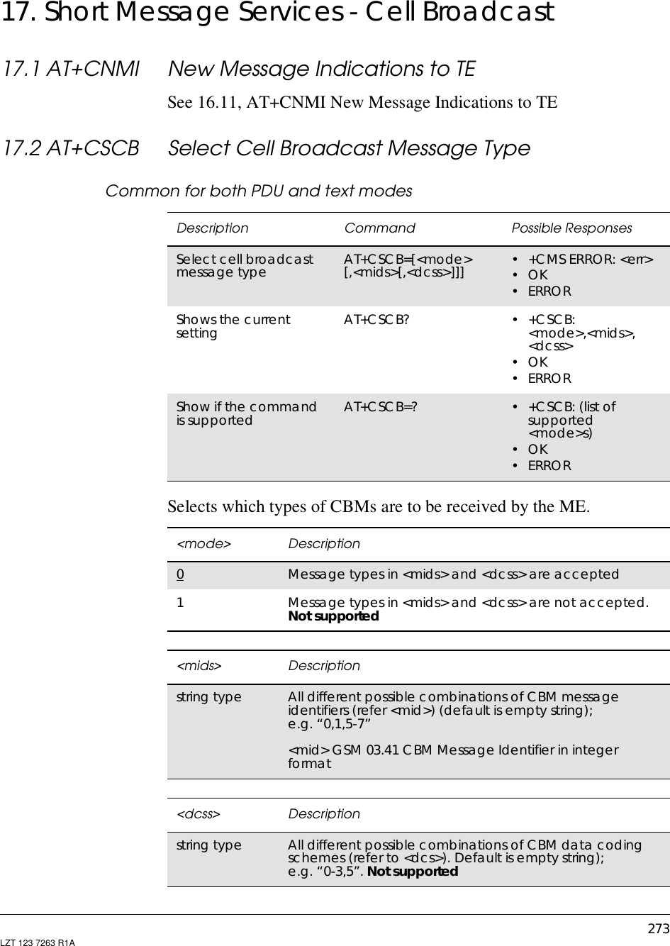 273LZT 123 7263 R1A17. Short Message Services - Cell Broadcast17.1 AT+CNMI New Message Indications to TESee 16.11, AT+CNMI New Message Indications to TE17.2 AT+CSCB Select Cell Broadcast Message TypeCommon for both PDU and text modesSelects which types of CBMs are to be received by the ME.Description Command Possible ResponsesSelect cell broadcastmessage type AT+CSCB=[&lt;mode&gt;[,&lt;mids&gt;[,&lt;dcss&gt;]]] • +CMS ERROR: &lt;err&gt;•OK•ERRORShows the currentsetting AT+CSCB? •+CSCB:&lt;mode&gt;,&lt;mids&gt;,&lt;dcss&gt;•OK•ERRORShow if the commandis supported AT+CSCB=? •+CSCB:(listofsupported&lt;mode&gt;s)•OK•ERROR&lt;mode&gt; Description0Message types in &lt;mids&gt; and &lt;dcss&gt; are accepted1Message types in &lt;mids&gt; and &lt;dcss&gt; are not accepted.Not supported&lt;mids&gt; Descriptionstring type All different possible combinations of CBM messageidentifiers (refer &lt;mid&gt;) (default is empty string);e.g. “0,1,5-7”&lt;mid&gt; GSM 03.41 CBM Message Identifier in integerformat&lt;dcss&gt; Descriptionstring type All different possible combinations of CBM data codingschemes (refer to &lt;dcs&gt;). Default is empty string);e.g. “0-3,5”. Not supported