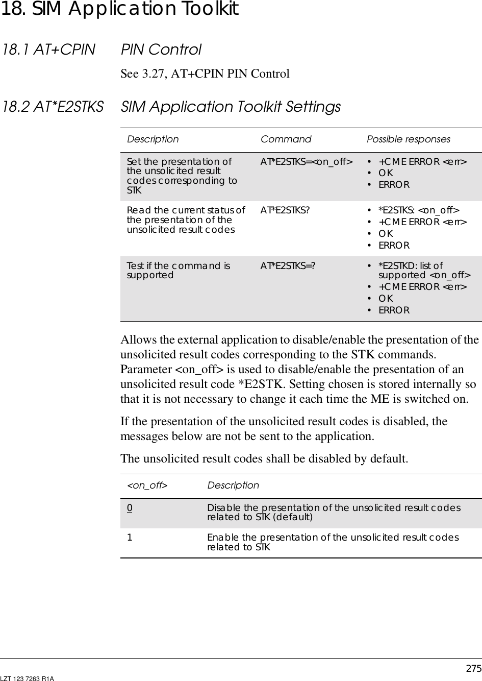 275LZT 123 7263 R1A18. SIM Application Toolkit18.1 AT+CPIN PIN ControlSee 3.27, AT+CPIN PIN Control18.2 AT*E2STKS SIM Application Toolkit SettingsAllows the external application to disable/enable the presentation of theunsolicited result codes corresponding to the STK commands.Parameter &lt;on_off&gt; is used to disable/enable the presentation of anunsolicited result code *E2STK. Setting chosen is stored internally sothat it is not necessary to change it each time the ME is switched on.If the presentation of the unsolicited result codes is disabled, themessages below are not be sent to the application.The unsolicited result codes shall be disabled by default.Description Command Possible responsesSet the presentation ofthe unsolicited resultcodes corresponding toSTKAT*E2STKS=&lt;on_off&gt; • +CME ERROR &lt;err&gt;•OK• ERRORRead the current status ofthe presentation of theunsolicited result codesAT*E2STKS? •*E2STKS:&lt;on_off&gt;• +CME ERROR &lt;err&gt;•OK• ERRORTest if the command issupported AT*E2STKS=? •*E2STKD:listofsupported &lt;on_off&gt;• +CME ERROR &lt;err&gt;•OK• ERROR&lt;on_off&gt; Description0Disable the presentation of the unsolicited result codesrelated to STK (default)1Enable the presentation of the unsolicited result codesrelated to STK