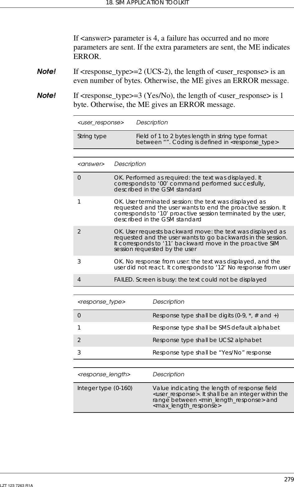 18. SIM APPLICATION TOOLKIT279LZT 123 7263 R1AIf &lt;answer&gt; parameter is 4, a failure has occurred and no moreparameters are sent. If the extra parameters are sent, the ME indicatesERROR.Note! If &lt;response_type&gt;=2 (UCS-2), the length of &lt;user_response&gt; is aneven number of bytes. Otherwise, the ME gives an ERROR message.Note! If &lt;response_type&gt;=3 (Yes/No), the length of &lt;user_response&gt; is 1byte. Otherwise, the ME gives an ERROR message.&lt;user_response&gt; DescriptionString type Field of 1 to 2 bytes length in string type formatbetween “”. Coding is defined in &lt;response_type&gt;&lt;answer&gt; Description0OK. Performed as required: the text was displayed. Itcorresponds to ‘00’ command performed succesfully,described in the GSM standard1OK.Userterminatedsession:thetextwasdisplayedasrequested and the user wants to end the proactive session. Itcorresponds to ‘10’ proactive session terminated by the user,described in the GSM standard2OK. User requests backward move: the text was displayed asrequested and the user wants to go backwards in the session.It corresponds to ‘11’ backward move in the proactive SIMsession requested by the user3OK. No response from user: the text was displayed, and theuser did not react. It corresponds to ‘12’ No response from user4FAILED. Screen is busy: the text could not be displayed&lt;response_type&gt; Description0Response type shall be digits (0-9, *, # and +)1Response type shall be SMS default alphabet2Response type shall be UCS2 alphabet3Response type shall be “Yes/No” response&lt;response_length&gt; DescriptionInteger type (0-160) Value indicating the length of response field&lt;user_response&gt;. It shall be an integer within therange between &lt;min_length_response&gt; and&lt;max_length_response&gt;