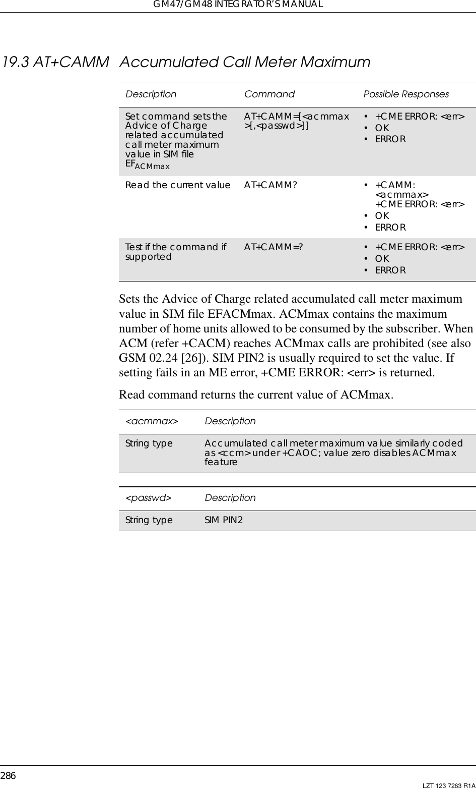 GM47/GM48 INTEGRATOR’S MANUAL286 LZT 123 7263 R1A19.3 AT+CAMM Accumulated Call Meter MaximumSets the Advice of Charge related accumulated call meter maximumvalue in SIM file EFACMmax. ACMmax contains the maximumnumber of home units allowed to be consumed by the subscriber. WhenACM (refer +CACM) reaches ACMmax calls are prohibited (see alsoGSM 02.24 [26]). SIM PIN2 is usually required to set the value. Ifsetting fails in an ME error, +CME ERROR: &lt;err&gt; is returned.Read command returns the current value of ACMmax.Description Command Possible ResponsesSet command sets theAdvice of Chargerelated accumulatedcall meter maximumvalue in SIM fileEFACMmaxAT+CAMM=[&lt;acmmax&gt;[,&lt;passwd&gt;]] •+CMEERROR:&lt;err&gt;•OK•ERRORRead the current value AT+CAMM? •+CAMM:&lt;acmmax&gt;+CME ERROR: &lt;err&gt;•OK•ERRORTest if the command ifsupported AT+CAMM=? •+CMEERROR:&lt;err&gt;•OK•ERROR&lt;acmmax&gt; DescriptionString type Accumulated call meter maximum value similarly codedas &lt;ccm&gt; under +CAOC; value zero disables ACMmaxfeature&lt;passwd&gt; DescriptionString type SIM PIN2